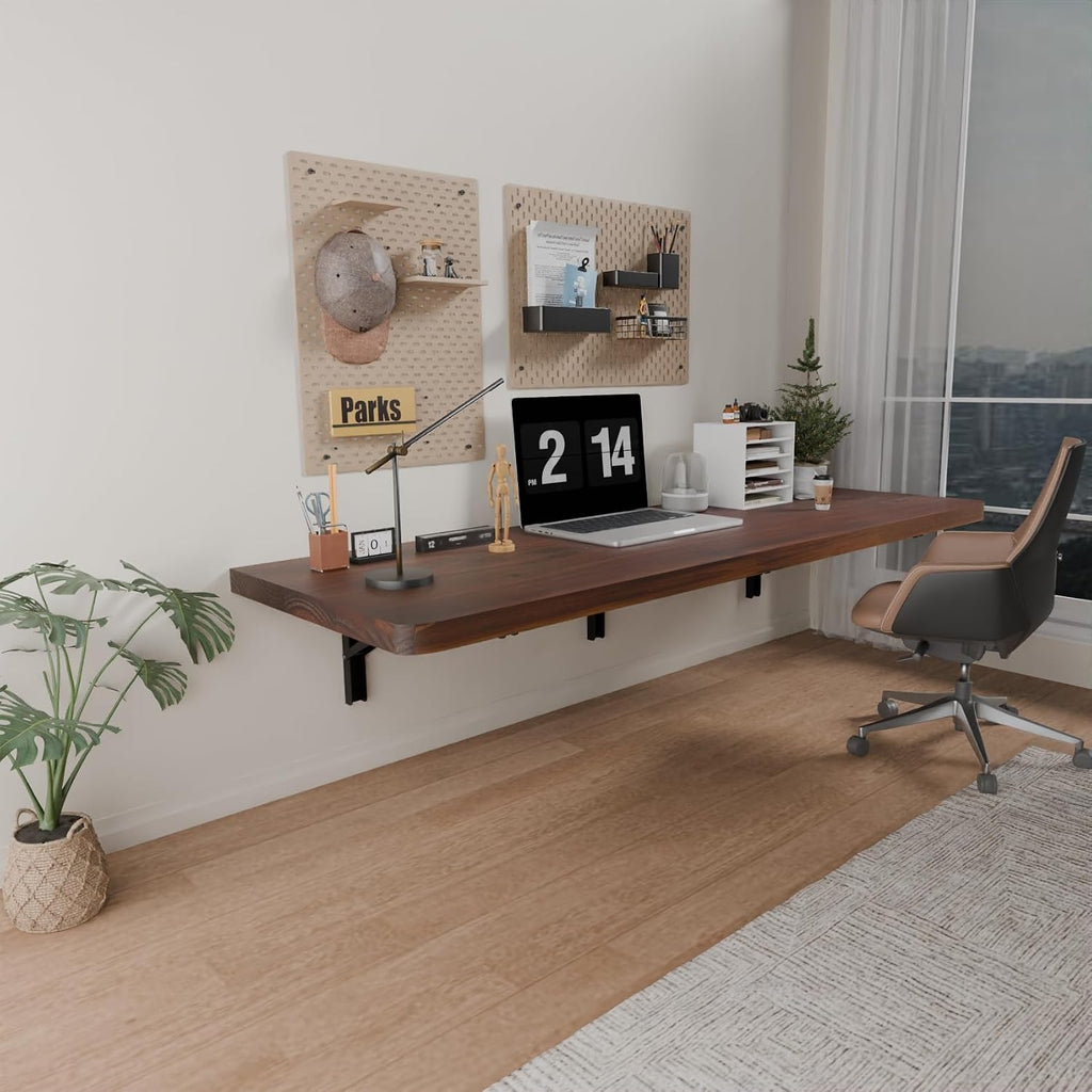 IAE Wall Mounted Folding Table with Pine Wood,48' x 16' Floating Wall Desk,Laundry Folding Table with Shelf Brackets,Fold Down Desk Shelf,Folding Workbench for Home,Dining,Laundry Room,Kitchen,Brown