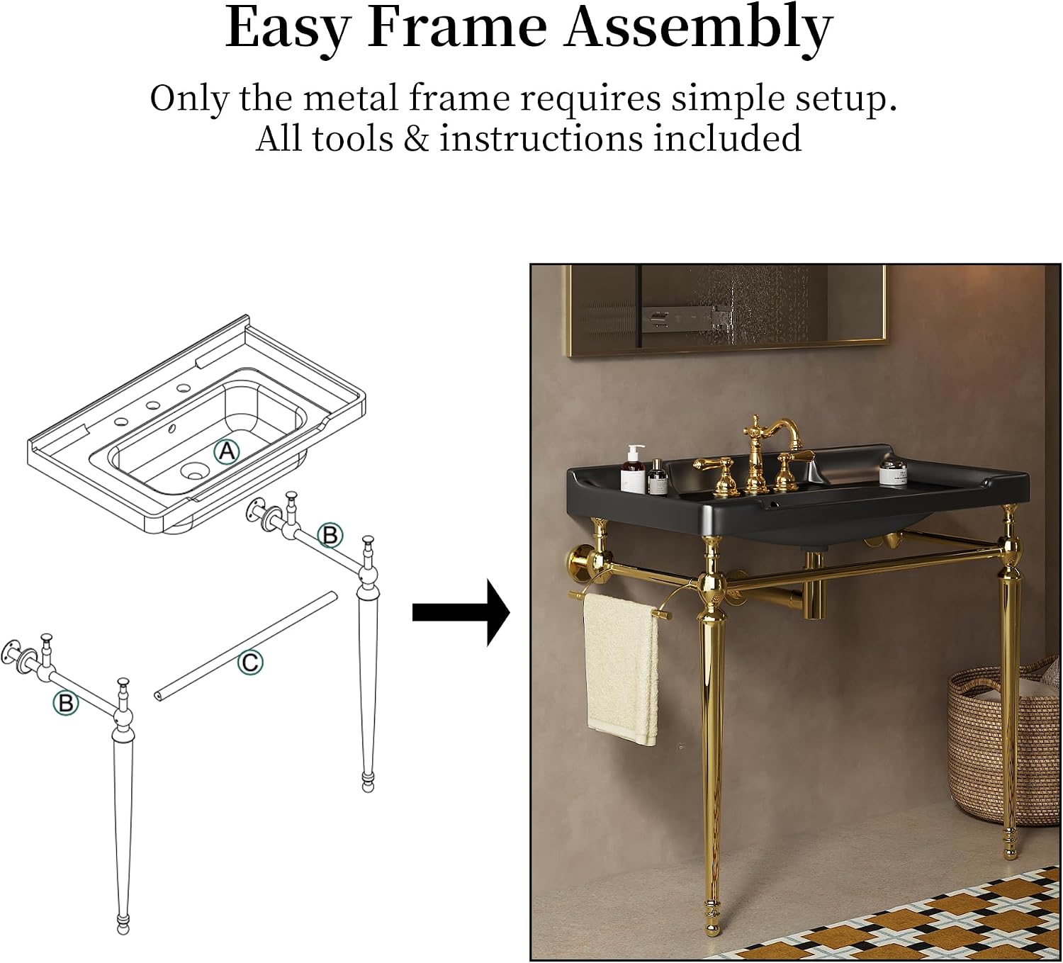 Yayzy 36' Bathroom Vanity with Black Ceramic Sink, Wall-Mounted Console Style, Gold-Finish Stainless Steel Legs & Towel Bar, 3 Faucet Holes, No Faucet