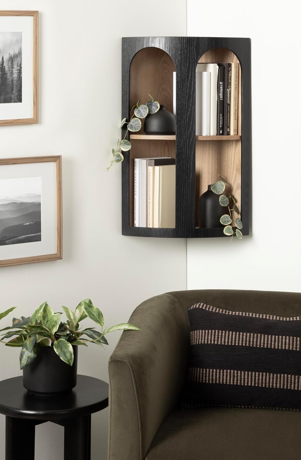 Kate and Laurel Elloree Modern Corner Shelf Cabinet for Storage and Display; 16 x 11 x 24; Black and Natural; Transitional Corner Storage for Use as Living Room Shelving or Bedroom Storage Design
