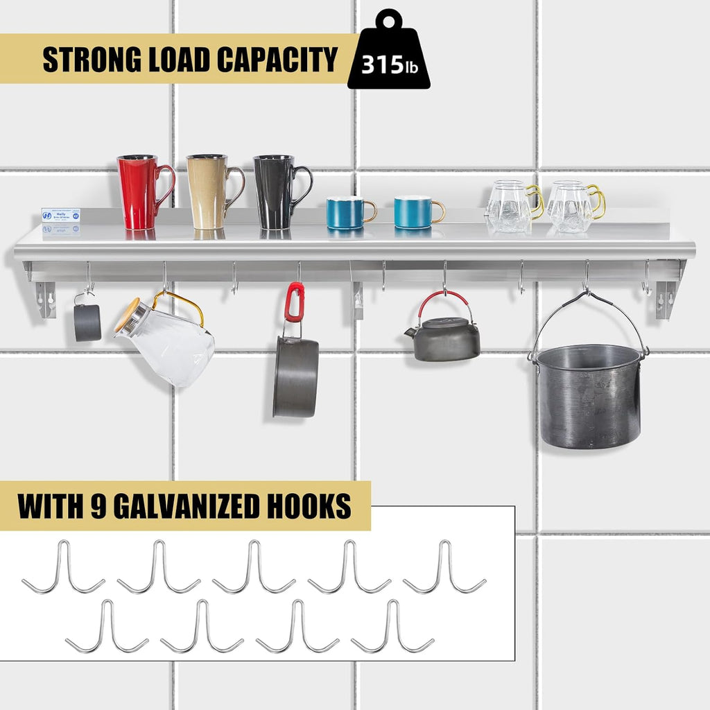 Hally Stainless Steel Shelf with 9 Hooks 12' x 60' Wall Mounted Pot Rack 315lb, NSF Commercial Floating Shelving for Storage Hanging Pots, Pans, cookware in Restaurant, Kitchen, Home and Hotel