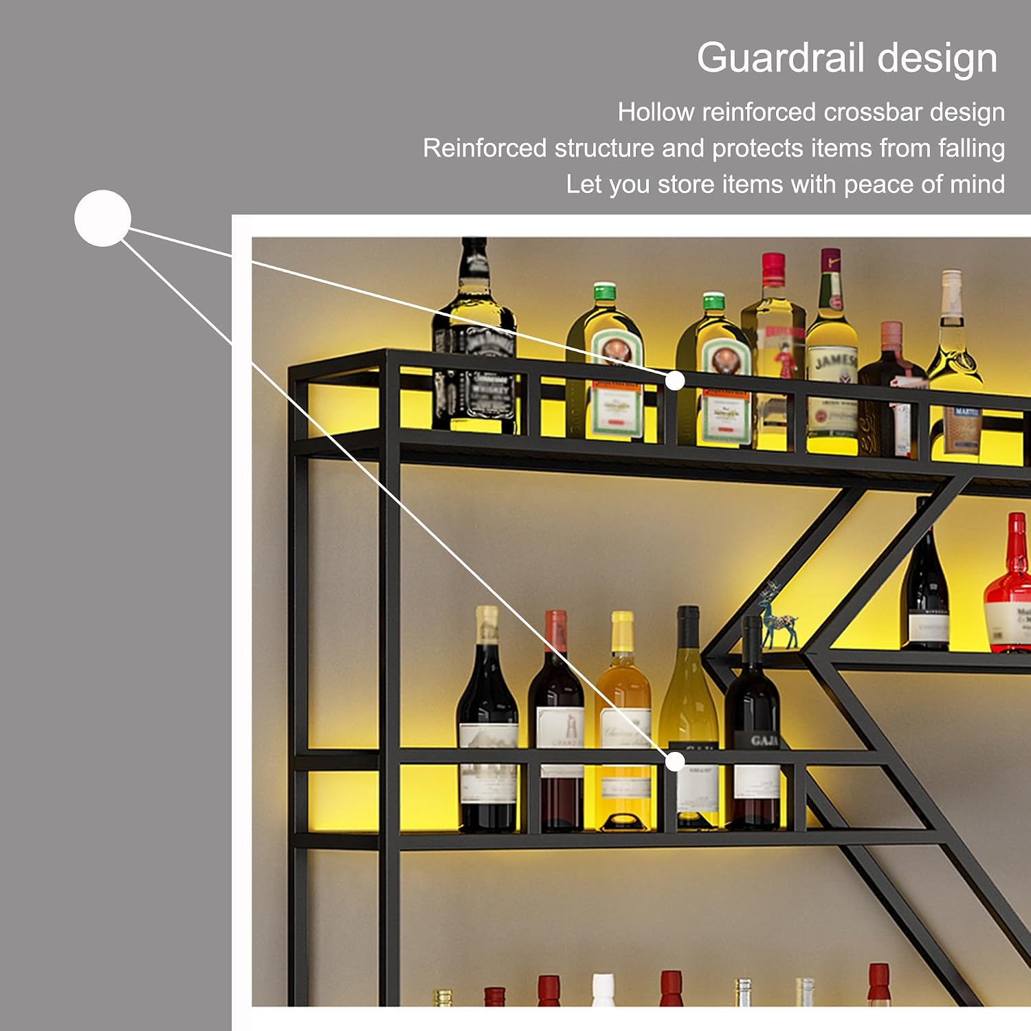 Wall Wine Rack Bar Shelves Liquor Shelf Wall Mounted with LED Light Diamond Shaped 3 Tier with Wine Glass Holder for Liquor Bottles for Home Bar Dining Room Kitchen(Black-Blue Light,150cm(59in))