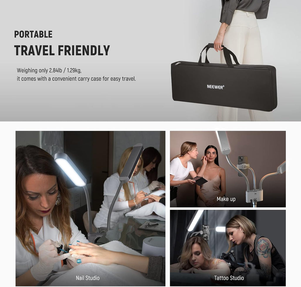 NEEWER Esthetician Light with Phone Holder & Travel Bag Kit, Support 2.4G/PC/MAC Control & Separate Control of 2 LED Light Heads, CRI98+ Bi Color Stepless Dimmable Tattoo Lighting Lash Lamp, BH40B