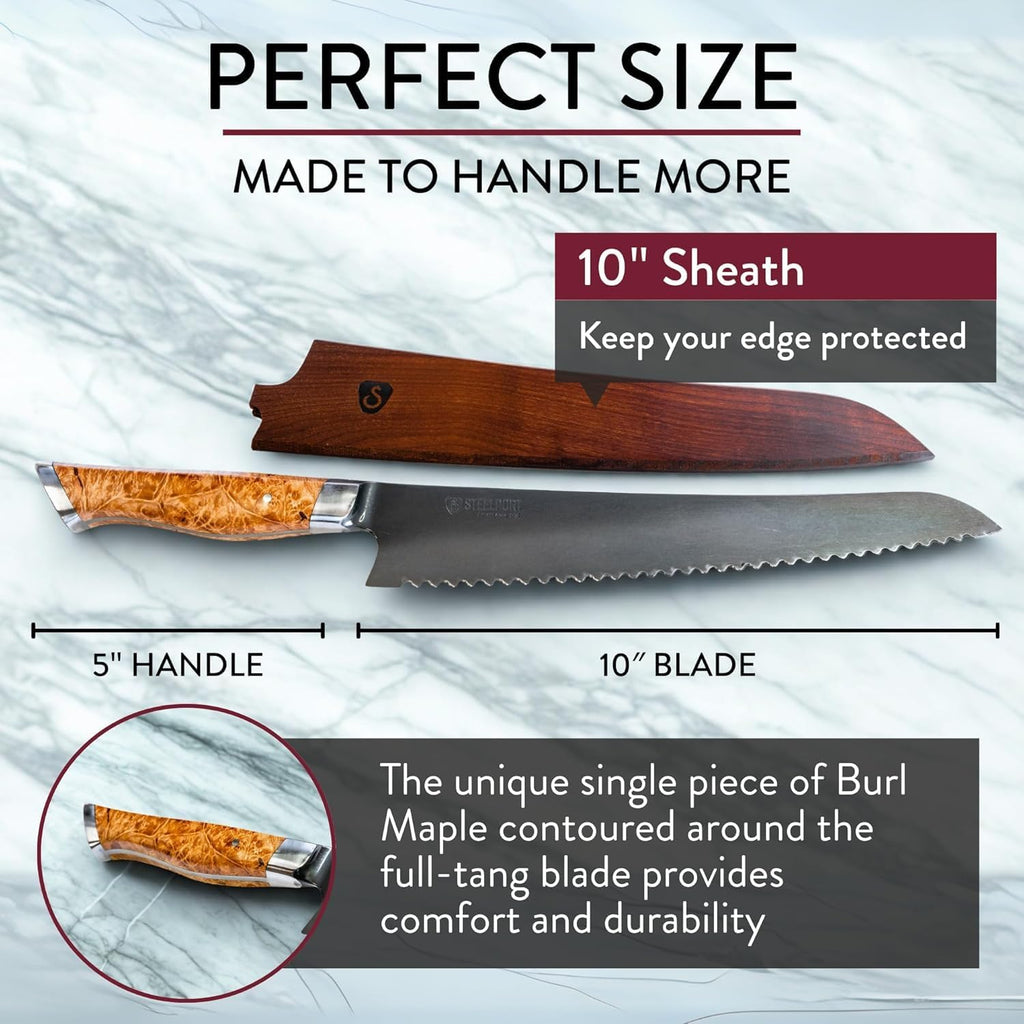 STEELPORT Bread Knife Set (3 Pcs.) – 10' Carbon Steel Serrated Bread Knife with Wooden Sheath & Stainless Steel Bench Scraper | Sourdough Tools for Professional Kitchen | Made in USA