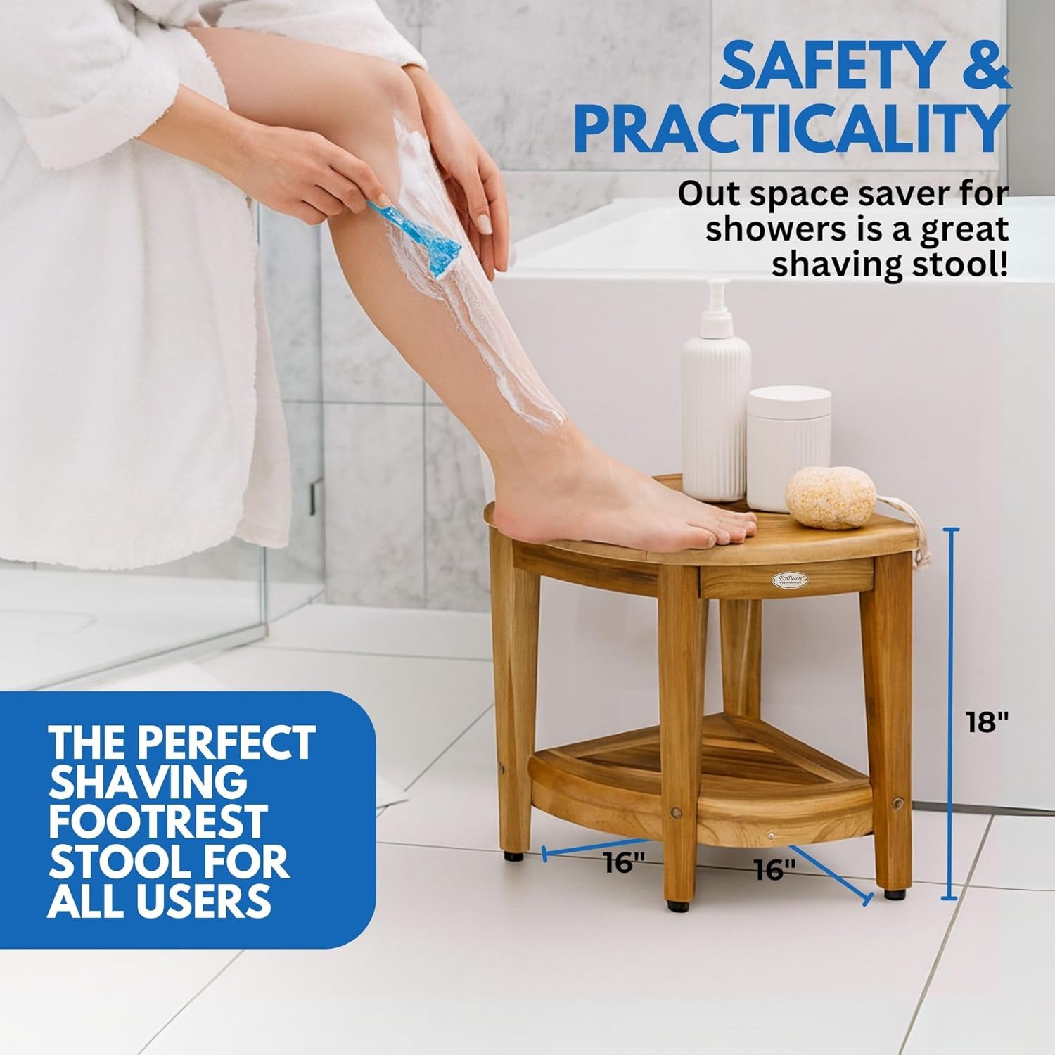 EcoDecors Corner Teak Shower Bench with Shelf – 16' x 18' Height- Teak Shower Stool with Shelf, Waterproof, 350lb Capacity Non-Slip | for Inside Shower | Tool-Free Assembly | Aging in Place