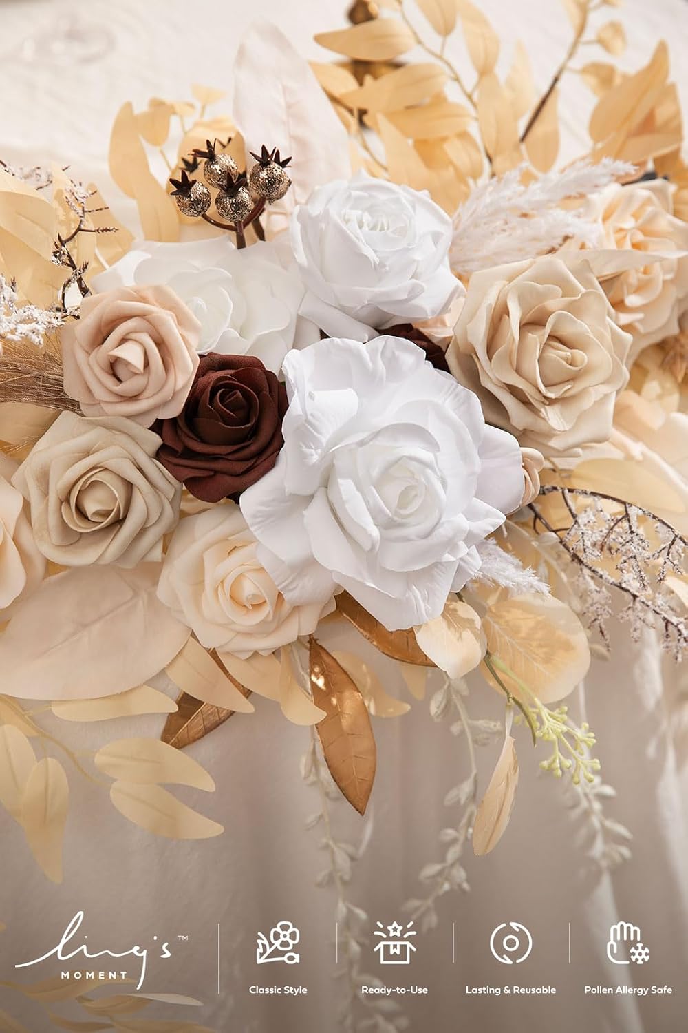 Ling's Moment 9FT Flower Garland for Backdrop Decorations - Wedding Arch Flowers, Eucalyptus & Rose, Artificial Floral Garland for Mantel - Sweetheart Table Decor for Ceremony Reception, White & Beige