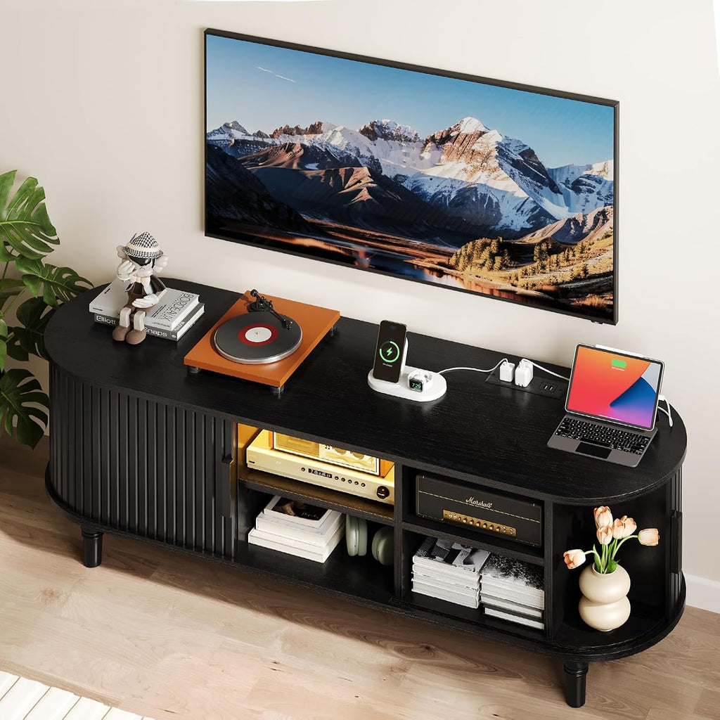 TV Console with Power Outlet-55' Entertainment Center with Sliding Tambour Door, Modern TV Stands for Living Room Bedroom, LED Media Stand with Storage Cabinet and Adjustable Shelves, Black