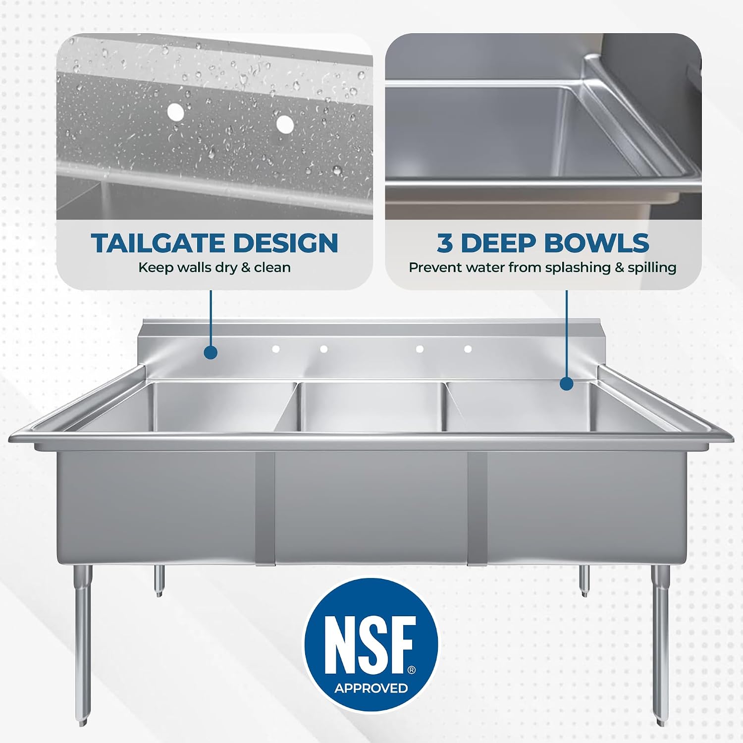 Three Compartment Stainless Steel Commercial Kitchen Prep & Utility Sink | Bowl Size 24' x 24' X 14' | NSF Certified (Size 78' x 30' x 43')