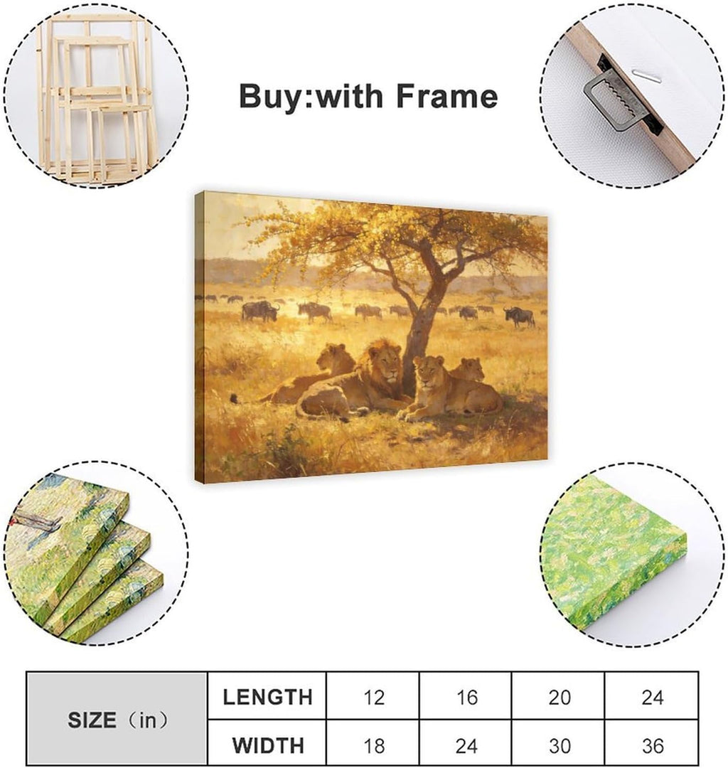 African Lions Wall Art Print, Lion Pride Resting Under Acacia Tree at Golden Sunset, Safari Wildlife Painting Poster 24x36inch(60x90cm)
