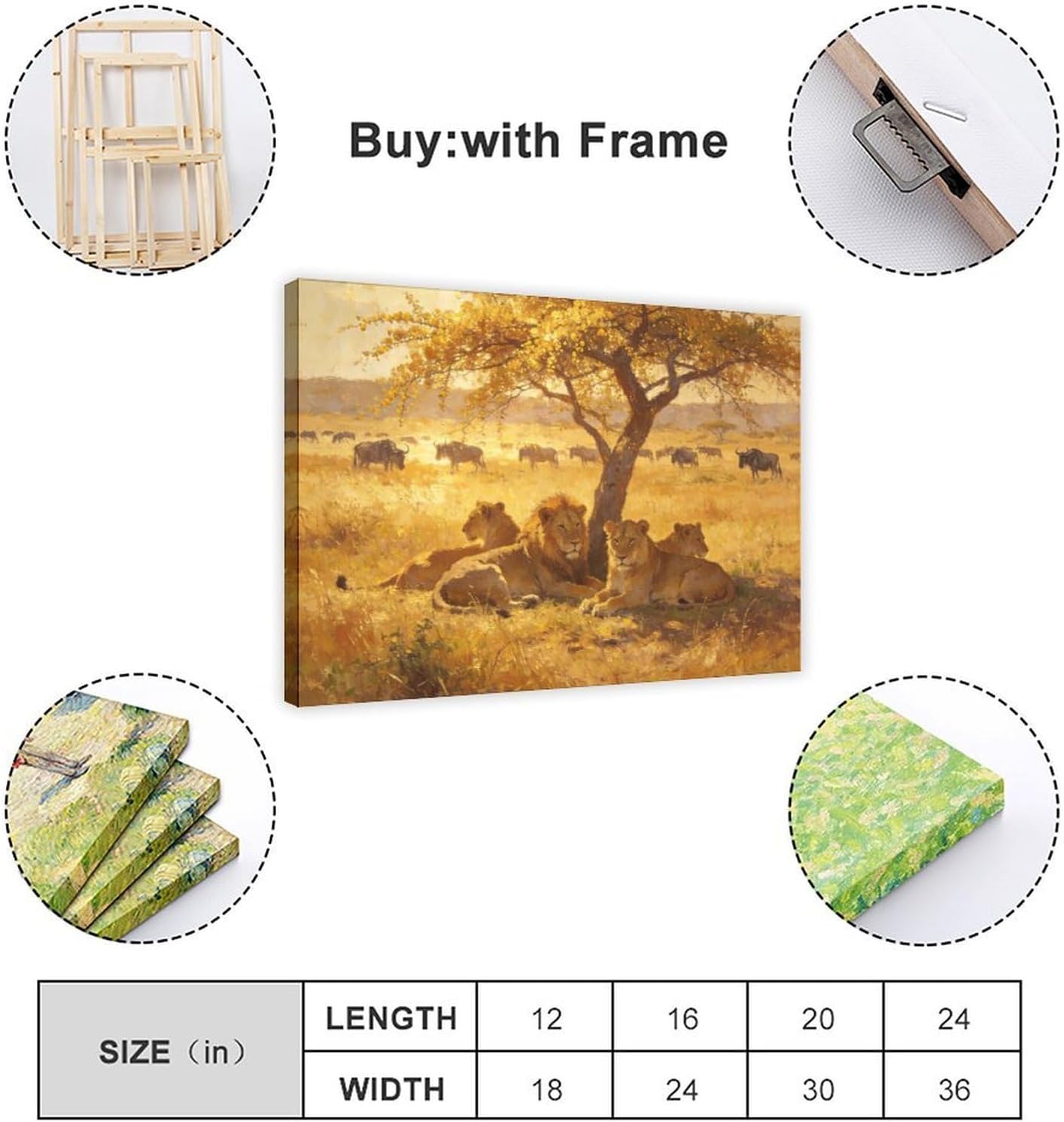 African Lions Wall Art Print, Lion Pride Resting Under Acacia Tree at Golden Sunset, Safari Wildlife Painting Poster 24x36inch(60x90cm)