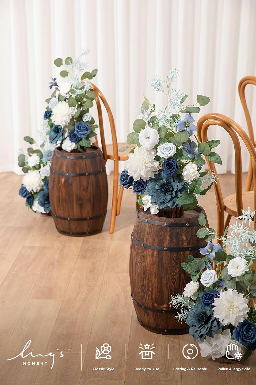 Ling's moment 17.5' Tall Standing Artificial Flowers Arrangements 4 pcs Wedding Aisle Runner Chair Decorations Dusty Blue Navy Centerpieces for Ceremony Reception Rose Floral Party Outdoor