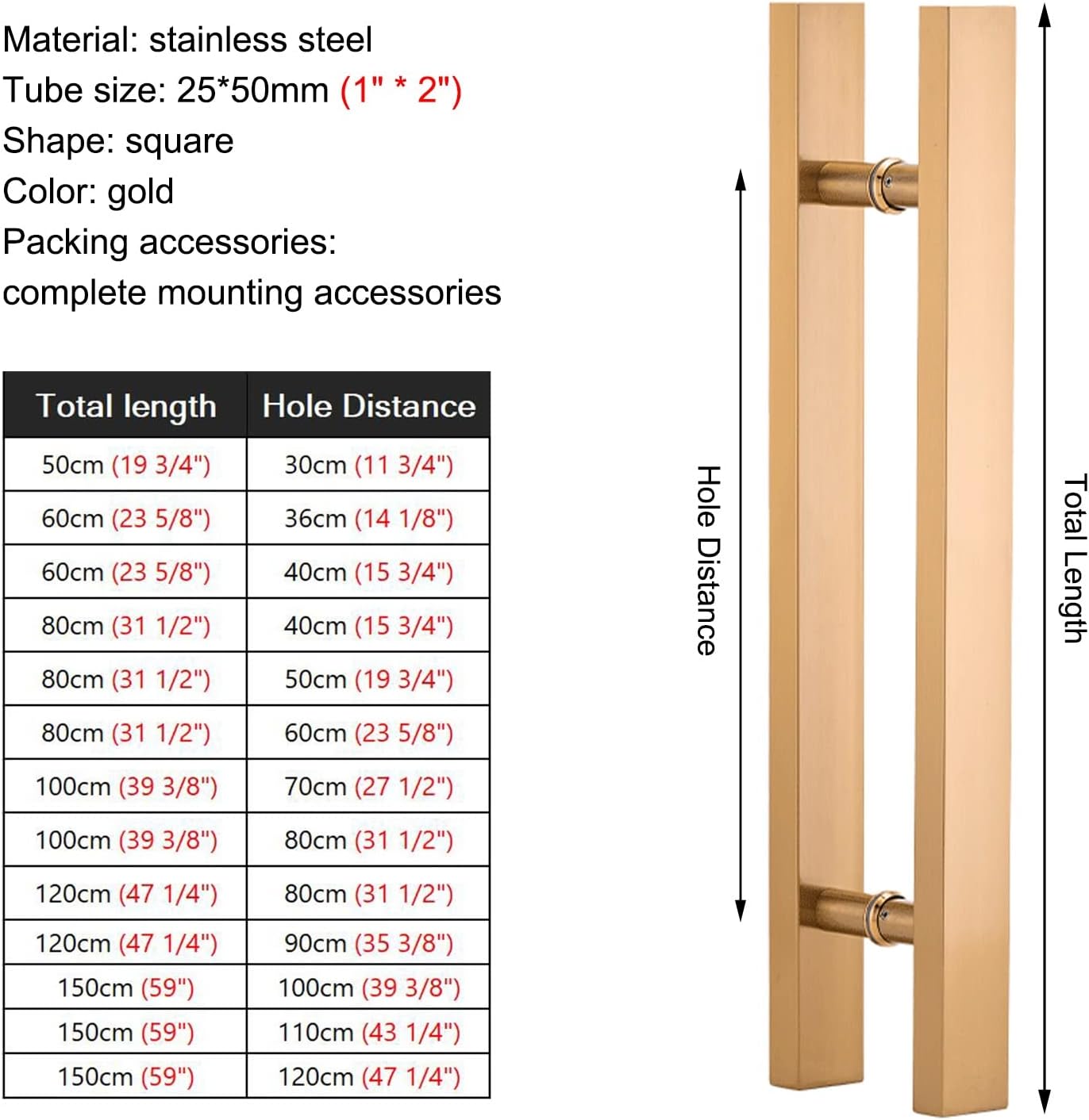 Sliding Glass Door Handles for Modern Doors,Square/Rectangle Modern Door Handle for Security Doors Wooden Door,Push Door Handle with Mounting Screws (Color:Gold,Size:60cm(23 5/8')* 40cm)