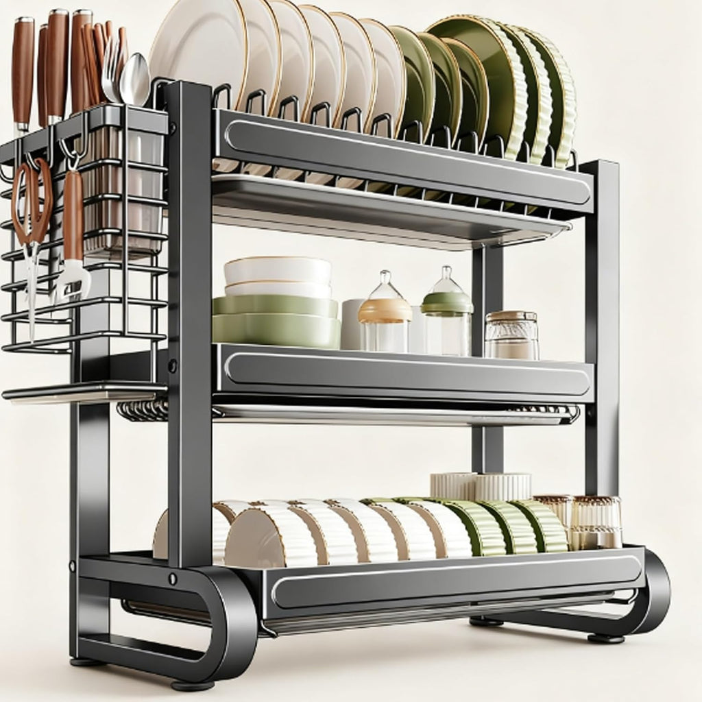 Double-Layer Multi-Functional Dish Rack for Storage and drainingStainless Steel Dish Rack,Drain Rack,Kitchen Storage Rack,Bowl Holder,Dish Cabinet,304 Household use(Triple Layer,43