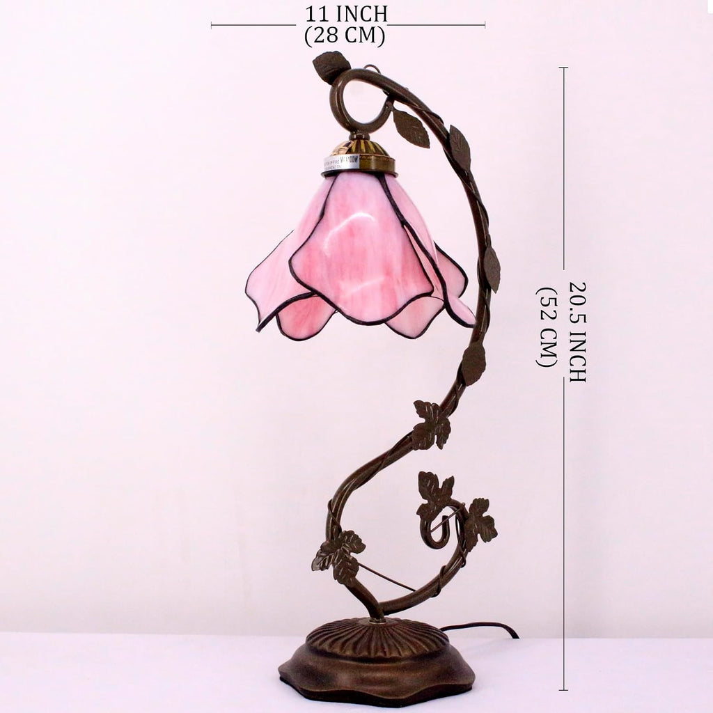 WERFACTORY Tiffany Lamp Pink Stained Glass Table Lamp, Metal Leaf Table Desk Reading Light 8X10X21 Inches Decor Small Space Bedroom Home Office S701 Series