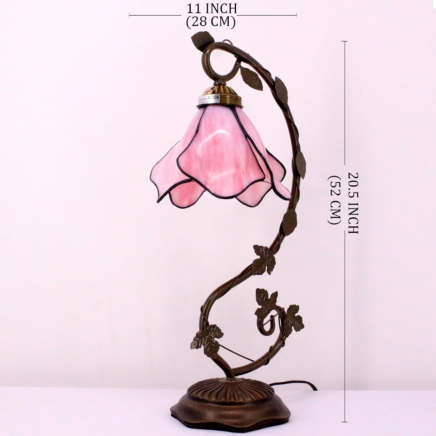 WERFACTORY Tiffany Lamp Pink Stained Glass Table Lamp, Metal Leaf Table Desk Reading Light 8X10X21 Inches Decor Small Space Bedroom Home Office S701 Series