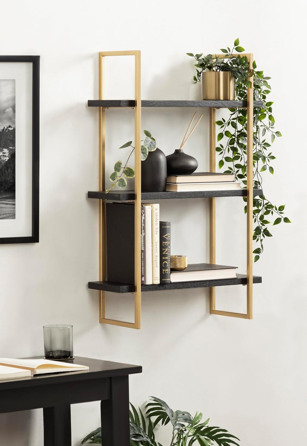 Kate and Laurel Leigh Modern 3 Tier Wall Shelf; 20 x 7 x 30; Black and Gold; Decorative Contemporary Glam Multi-Tiered Shelf Wall Organizer for Storage and Display