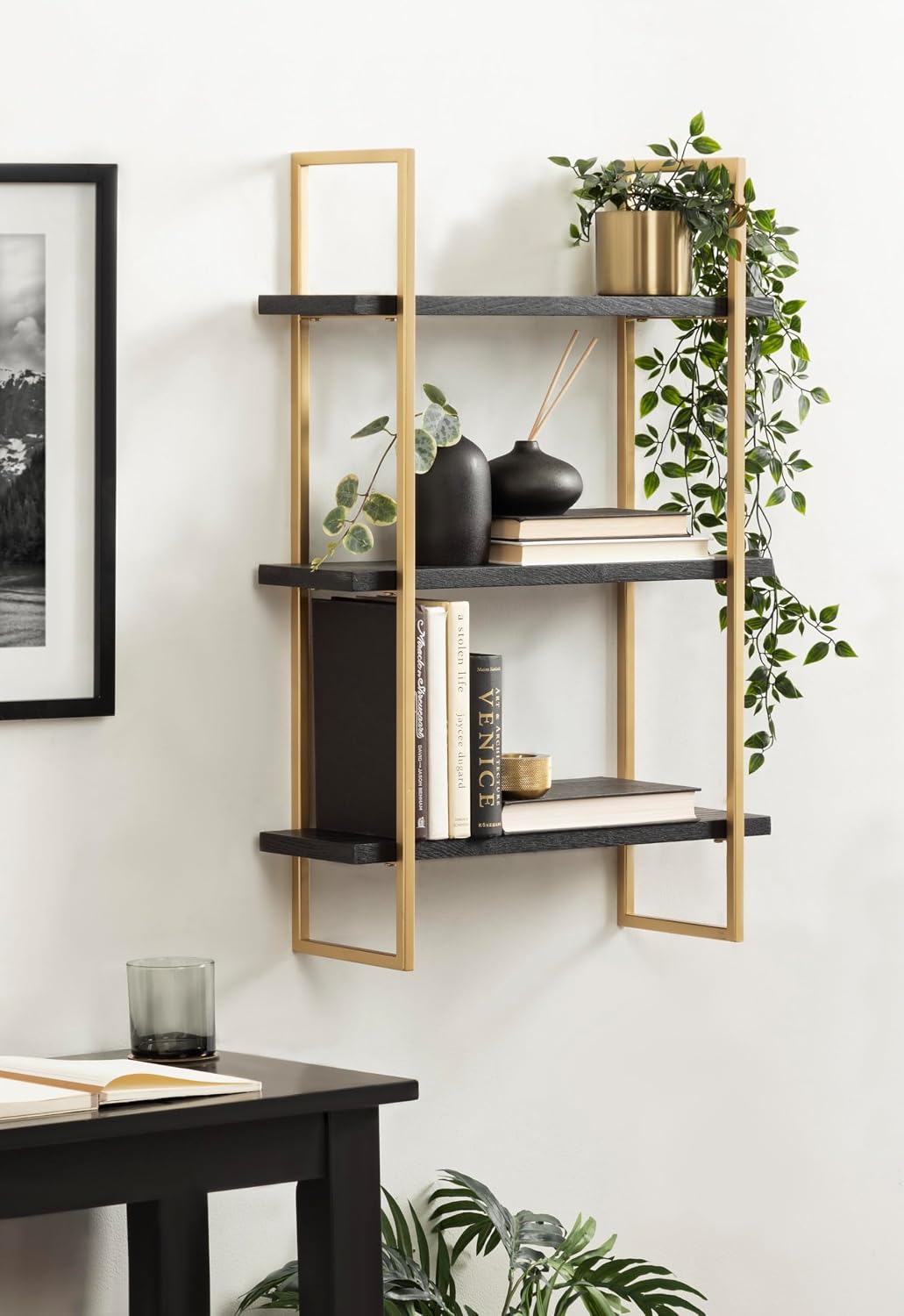 Kate and Laurel Leigh Modern 3 Tier Wall Shelf; 20 x 7 x 30; Black and Gold; Decorative Contemporary Glam Multi-Tiered Shelf Wall Organizer for Storage and Display