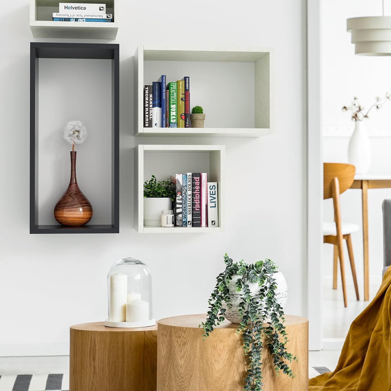 Kaboon Wall Mount Shelf Set of 4, Floating Cube Shelves for Space Discovery Home and Commercial Use, Large Size Shelves Set, Black