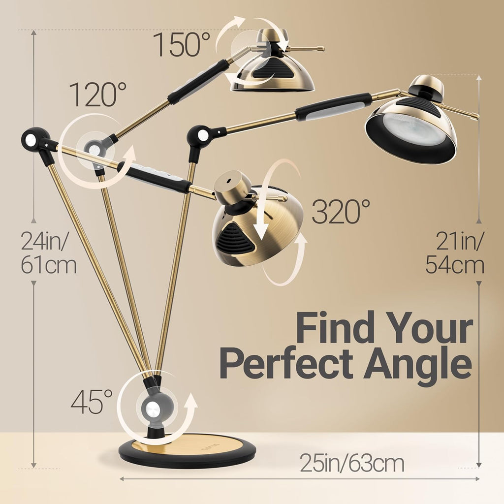 OTUS Desk Lamp for Home Office | Tall LED Architect Desk Light with Gesture Control & Touch | 1500 Lux Eye-Caring Dimmable for Study, Reading, Video Calls | 12 Levels & 3 Colors | Brass Swing Arm Lamp