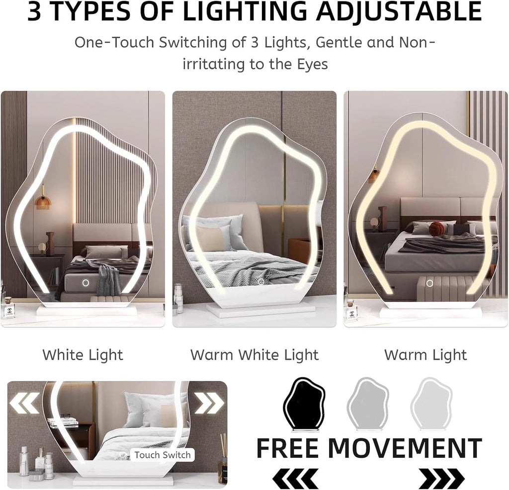 Corner Floating Desk with Drawers, Floating Vanity Makeup Table, Small Wall Mounted Floating Dressing Table Wall Storage Set, Wood Floating Shelf with Drawers, Modern White Vanity with Lighted Mirror(