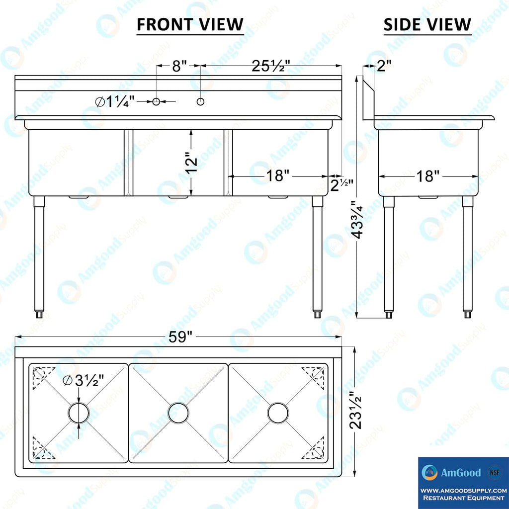 Three Compartment Stainless Steel Commercial Kitchen Prep & Utility Sink | Bowl Size 18' x 18' X 12' | NSF