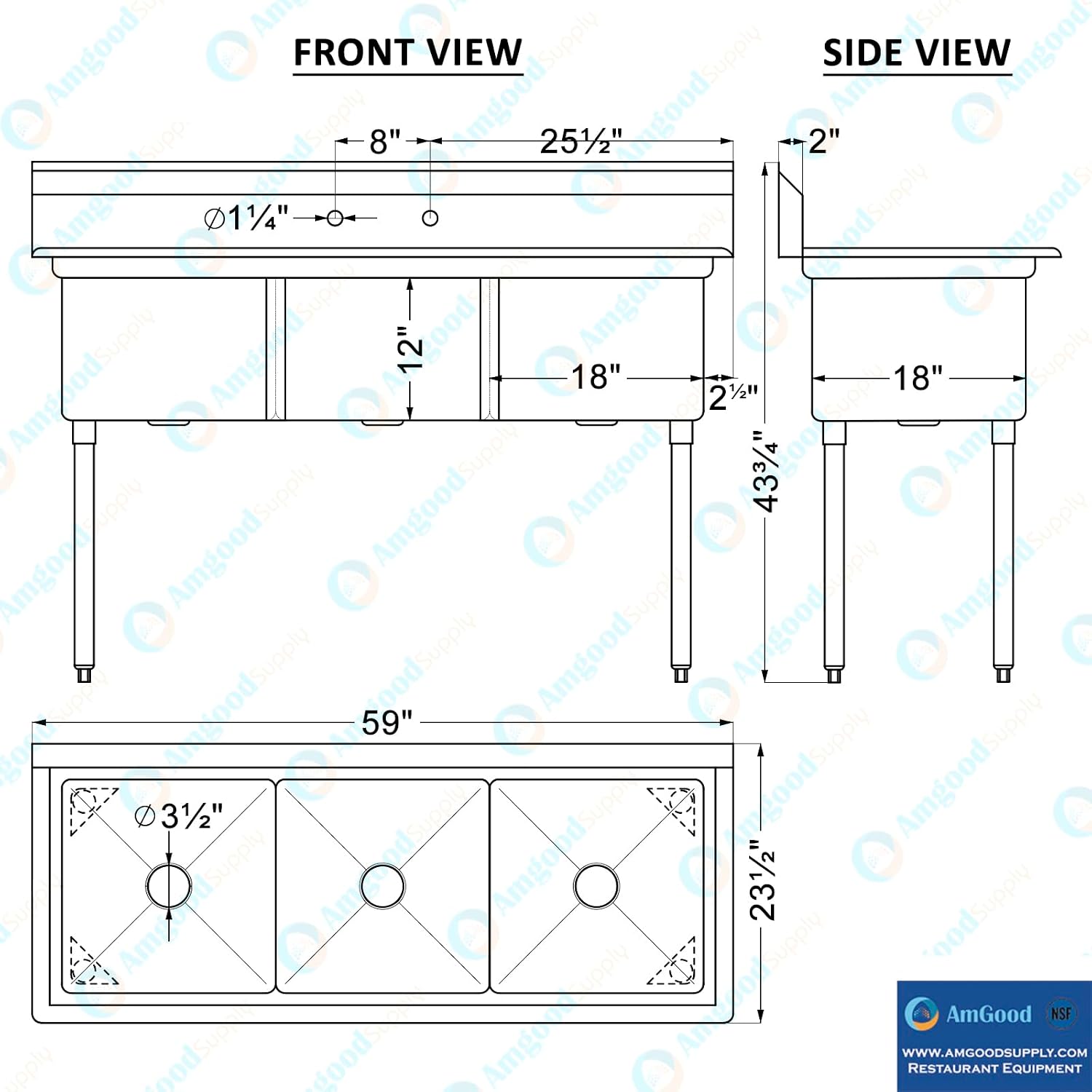 Three Compartment Stainless Steel Commercial Kitchen Prep & Utility Sink | Bowl Size 18' x 18' X 12' | NSF