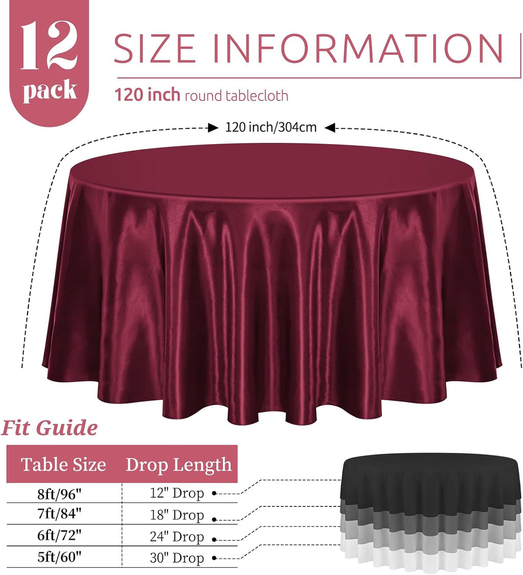 12 Pack 120 Inch Round Tablecloth, Burgundy Satin Fabric Table Cloth for Round Tables, Wrinkle Resistant Washable TableCover Bright Silk Table Clothes for Wedding Party Dining Tables Banquet