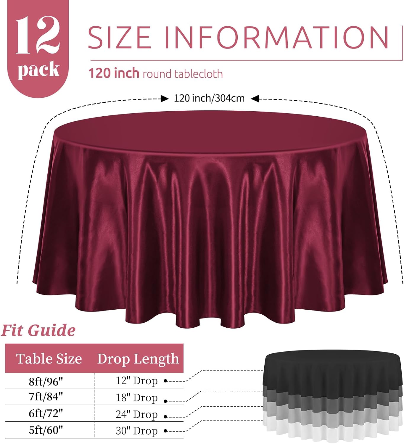 12 Pack 120 Inch Round Tablecloth, Burgundy Satin Fabric Table Cloth for Round Tables, Wrinkle Resistant Washable TableCover Bright Silk Table Clothes for Wedding Party Dining Tables Banquet
