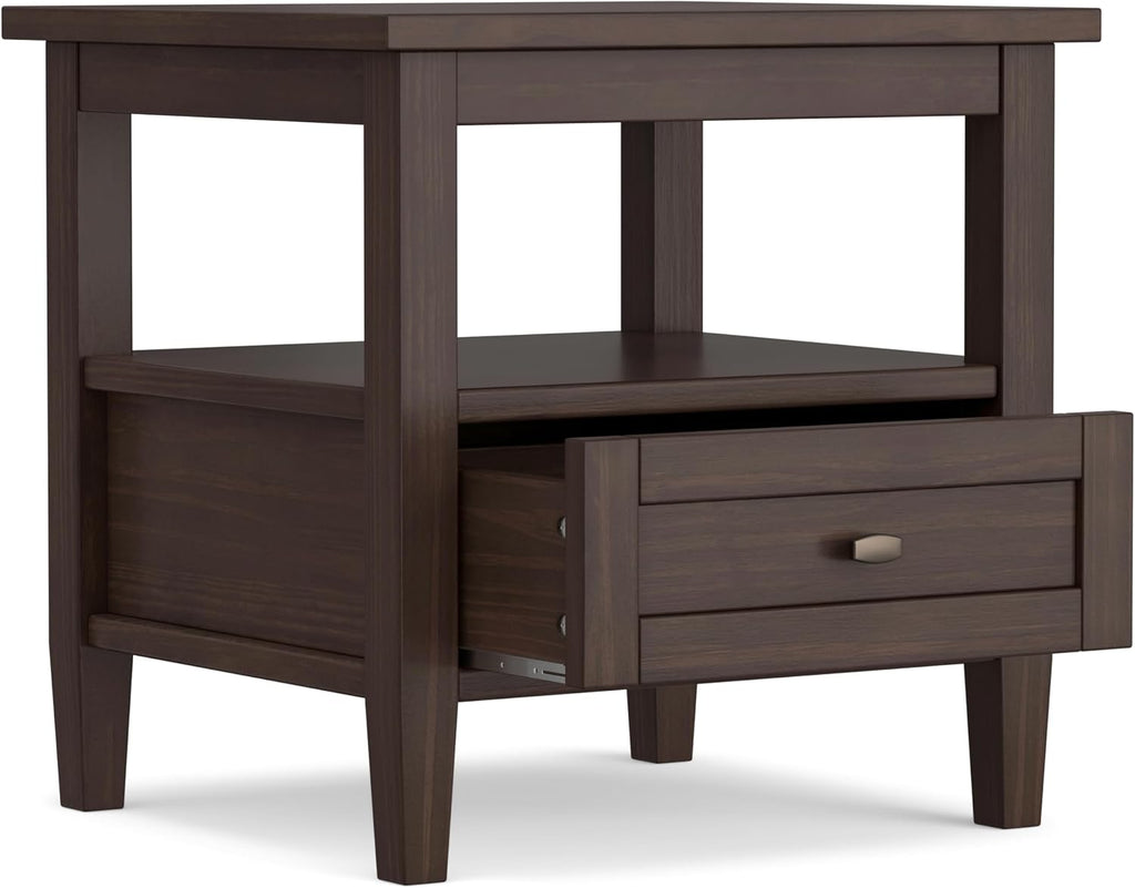 SIMPLIHOME Warm Shaker End Table - 20' Wide x 20' High Solid Wood Side Table in Warm Walnut Brown, Transitional Accent Table for Living Room or Bedroom with Drawer, Open Shelf and Square Tapered Legs
