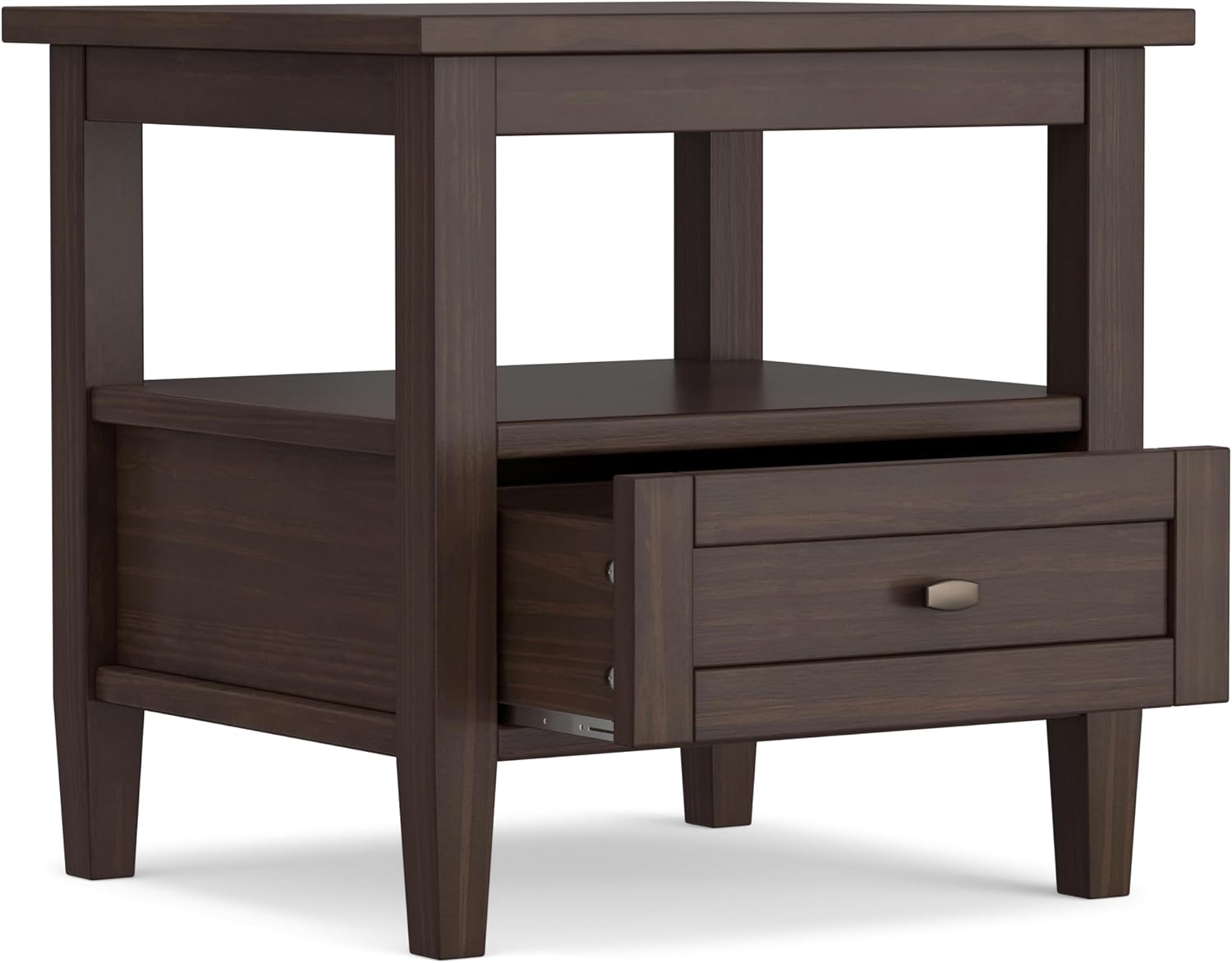 SIMPLIHOME Warm Shaker End Table - 20' Wide x 20' High Solid Wood Side Table in Warm Walnut Brown, Transitional Accent Table for Living Room or Bedroom with Drawer, Open Shelf and Square Tapered Legs