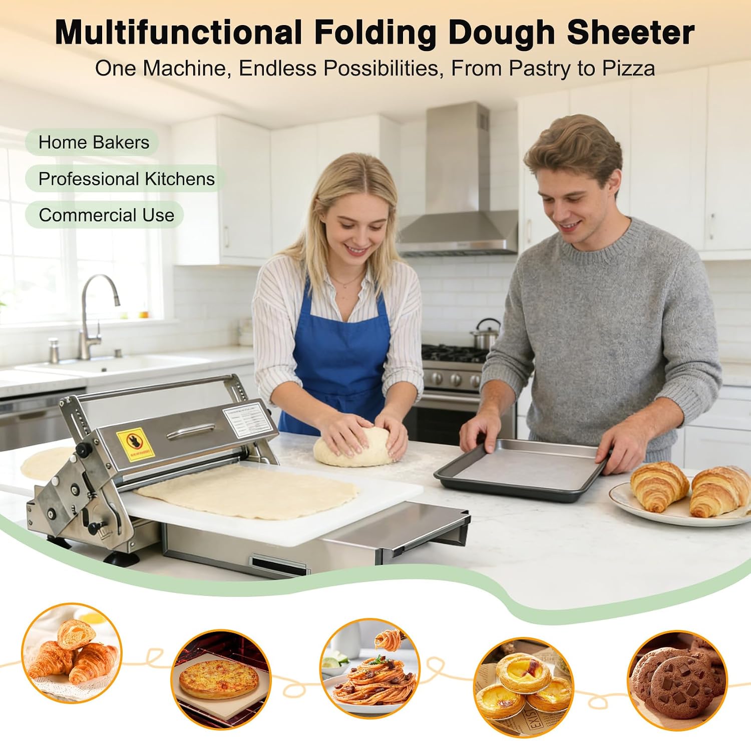 Foldable Dough Sheeter, Dough Laminator, Manual Dough Roller Machine with Adjustable Thickness, Stainless Steel Body, Food-Grade PE Panel,for Croissant, Pizza,Pasta,Eggs Tart,Space-Saving Kitchen Tool