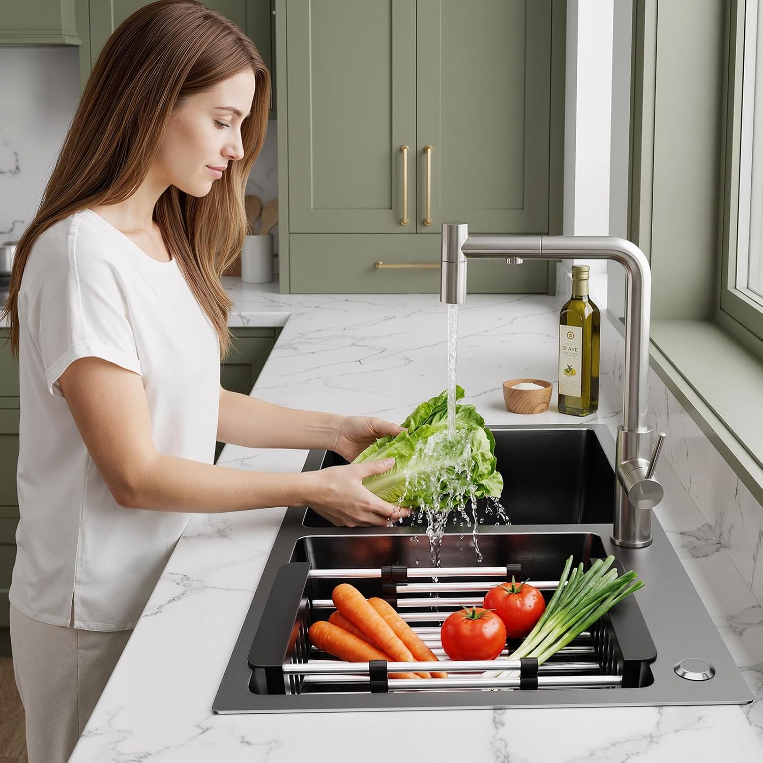 30-inch Black Kitchen Sink, Double Bowl Drop-in/Top-Mount 304 Stainless Steel with Nano Coating, Includes Drain Assembly & Fruit Basket for Modern Kitchen (30.7' x 16.9')