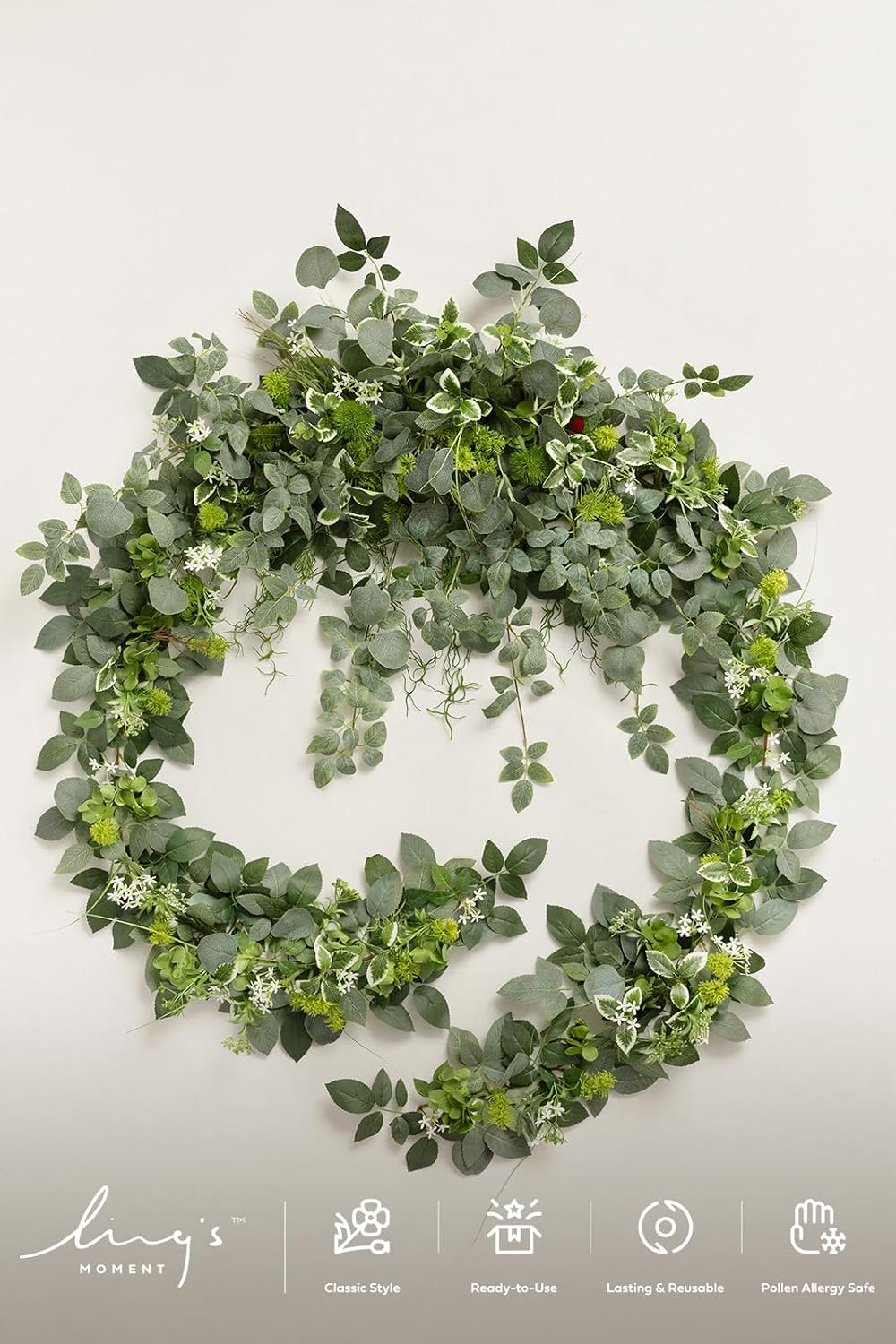 Ling's Moment 9FT Flower Garland for Backdrop Decorations - Wedding Arch Flowers, Eucalyptus & Rose, Artificial Floral Garland for Mantle - Sweetheart Table Decor for Beach Reception, Green