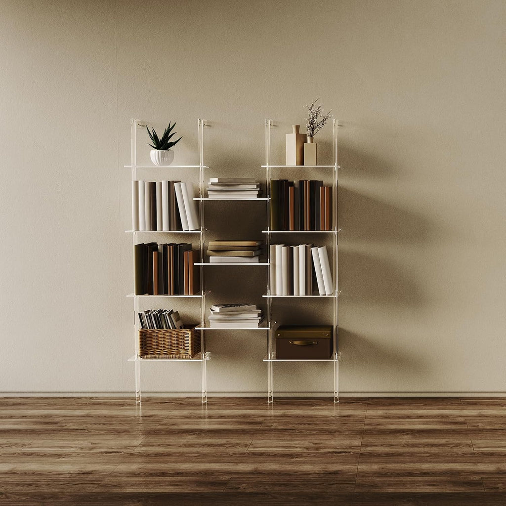 Acrylic Bookshelf, Wall Mounted, 5-Tier Clear Ladder Bookshelf with 14 Open Shelves, Multipurpose Bookcase for Living Room, Bathroom, Office, Modern, 9.5' D x 43.5' W x 72.8' H
