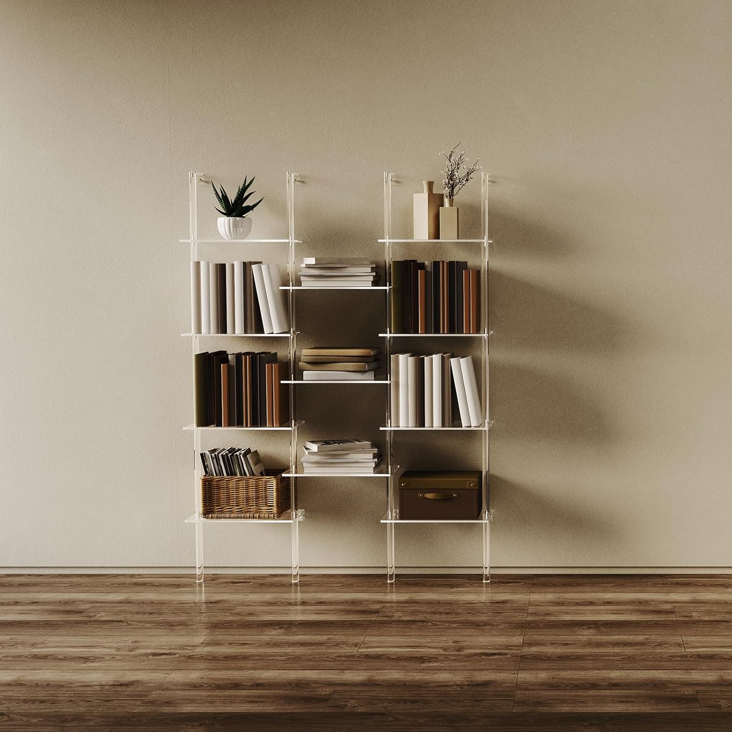 Acrylic Bookshelf, Wall Mounted, 5-Tier Clear Ladder Bookshelf with 14 Open Shelves, Multipurpose Bookcase for Living Room, Bathroom, Office, Modern, 9.5' D x 43.5' W x 72.8' H
