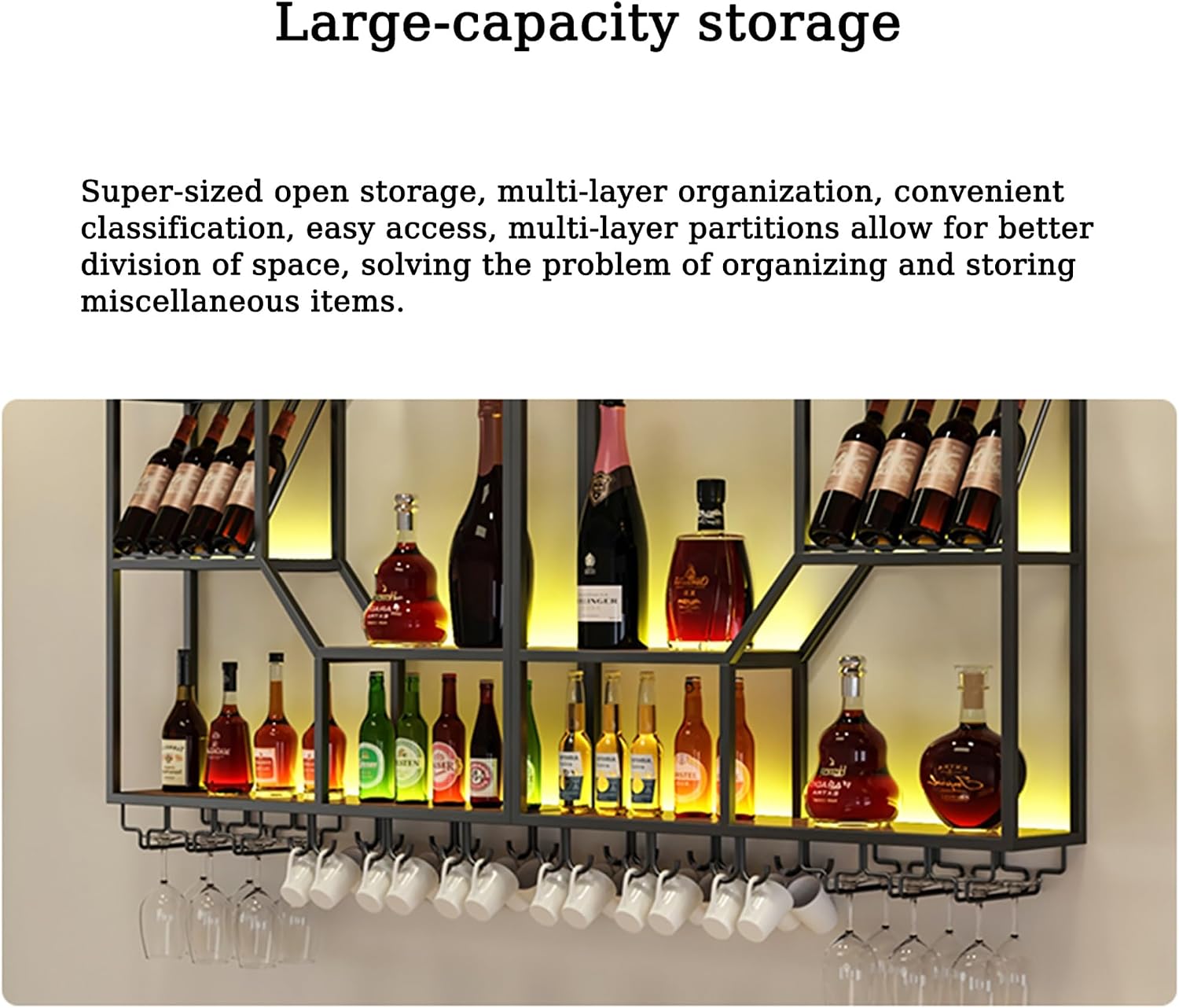 Wine Rack Bar Shelves Wall Mounted with Hanging Wine Glass Rack with Light Strip Whiskey Shelf Corner Bar Kitchen Storage Shelves Mini Bar Liquor Cabinet Bar Bottle Displ,Blackb100X20X130Cm