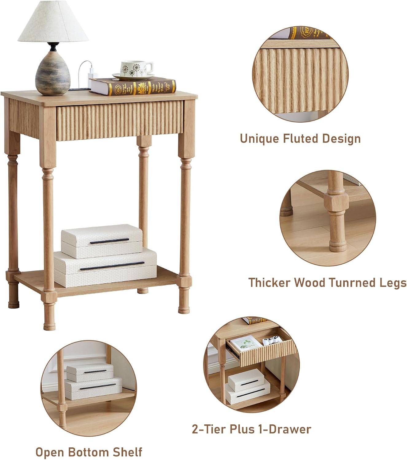 23.6' Large End Table with Charging Station, Set of 2, Modern Farmhouse Side Table with Drawer&Open Shelf, Fluted Wood Bedside Table Sofa Tables Night Stand for Bedroom Living Room Home Office,Natural