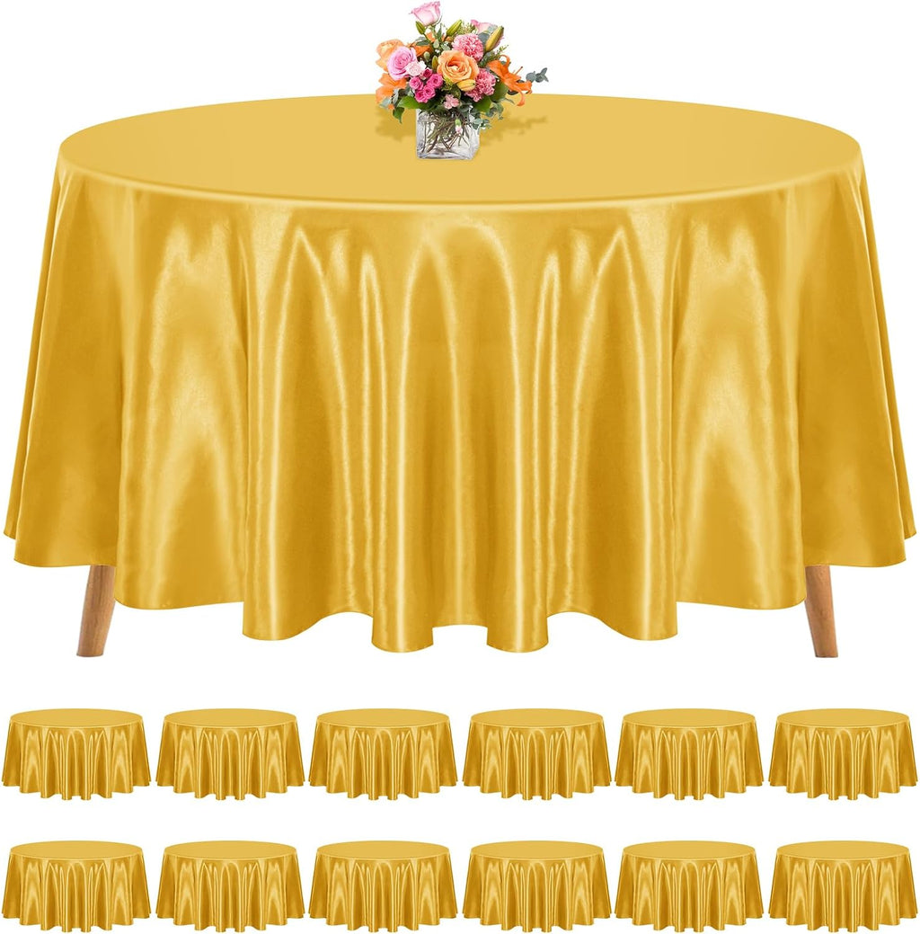 12 Pack 120 Inch Round Tablecloth, Gold Satin Fabric Table Cloth for Round Tables, Wrinkle Resistant Washable TableCover Bright Silk Table Clothes for Wedding Party Dining Tables Banquet