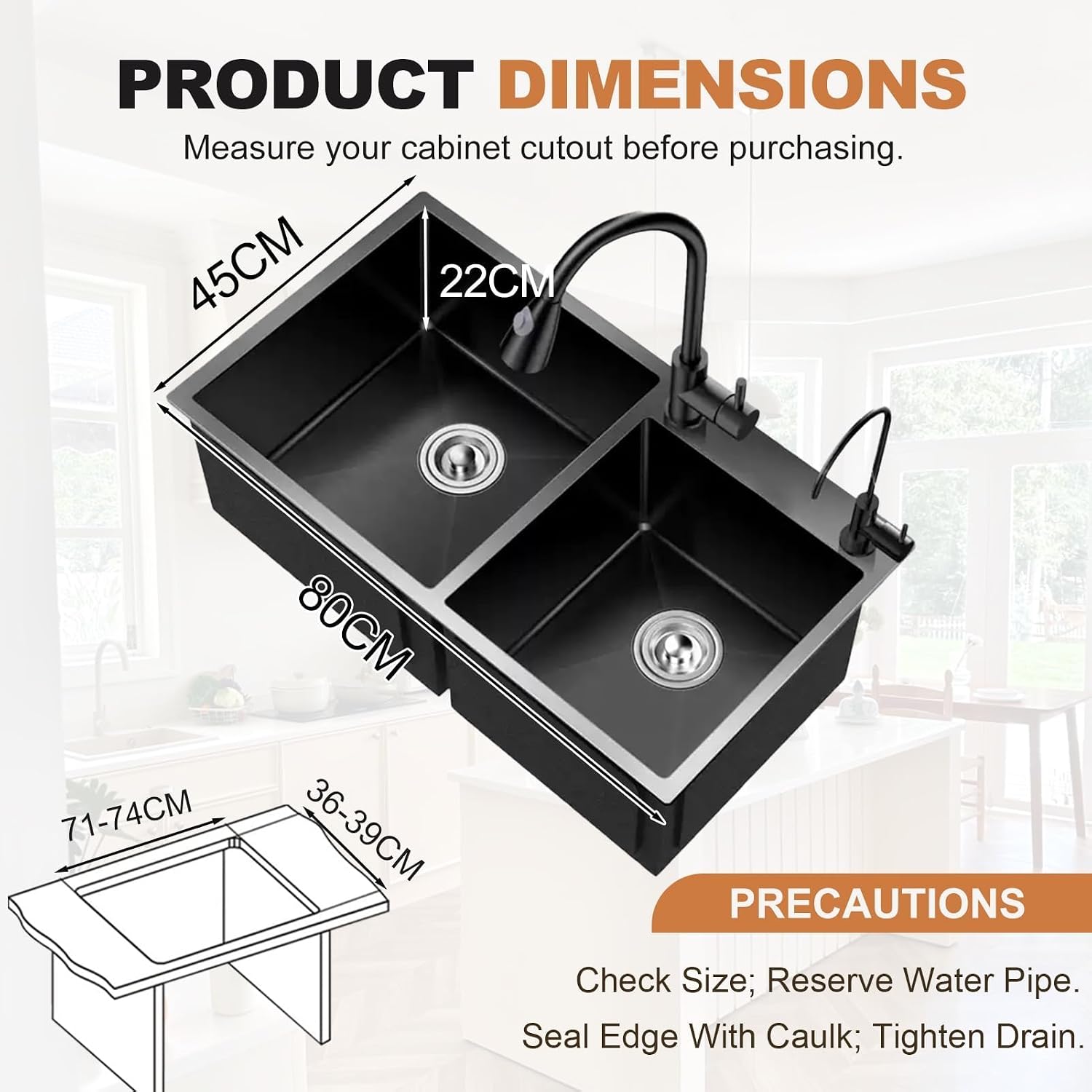 Black Kitchen Sink, Stainless Steel Single Bowl Sink, Drop in/Topmount Workstation Sink with Sliding Accessories, Farmhouse Workstation Sink with Accessories 60x45cm
