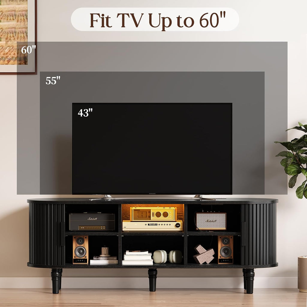 TV Console with Power Outlet-55' Entertainment Center with Sliding Tambour Door, Modern TV Stands for Living Room Bedroom, LED Media Stand with Storage Cabinet and Adjustable Shelves, Black