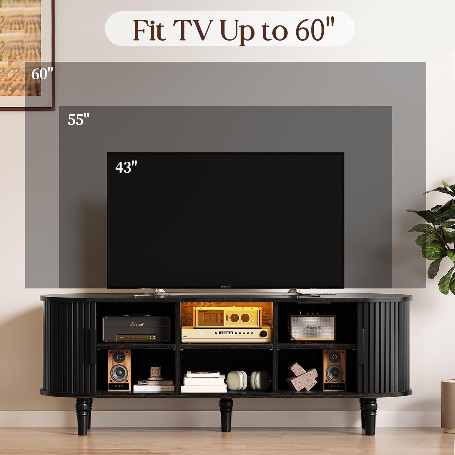 TV Console with Power Outlet-55' Entertainment Center with Sliding Tambour Door, Modern TV Stands for Living Room Bedroom, LED Media Stand with Storage Cabinet and Adjustable Shelves, Black