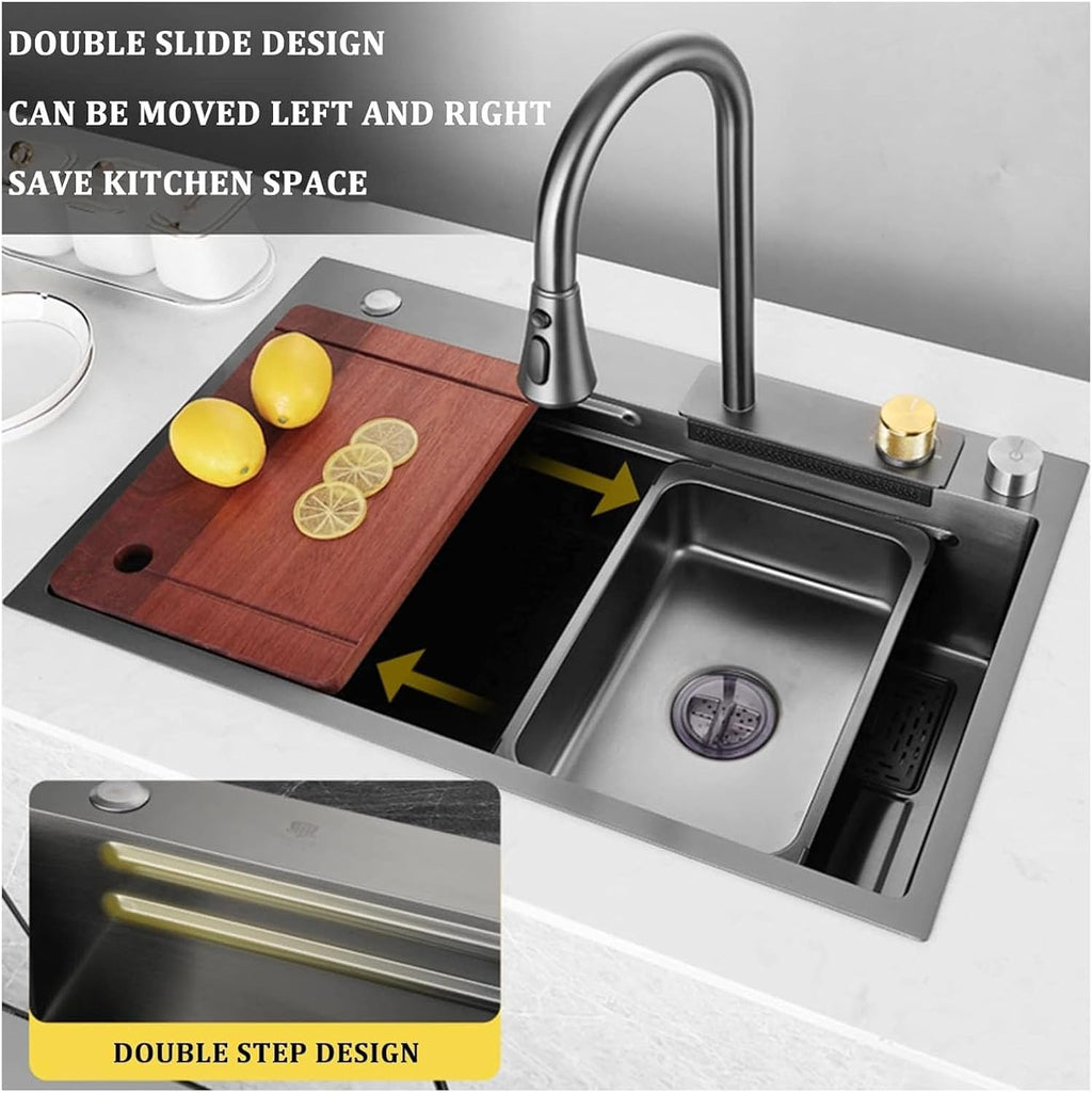 Single Bowl Bar Sink 304 Stainless Steel Kitchen Sink with Faucet and Drain Assembly Drop in Or Under Mount for Kitchen Courtyard Office Bar Laundry Trough (Color : Grey, Size : 75x45x22cm) (