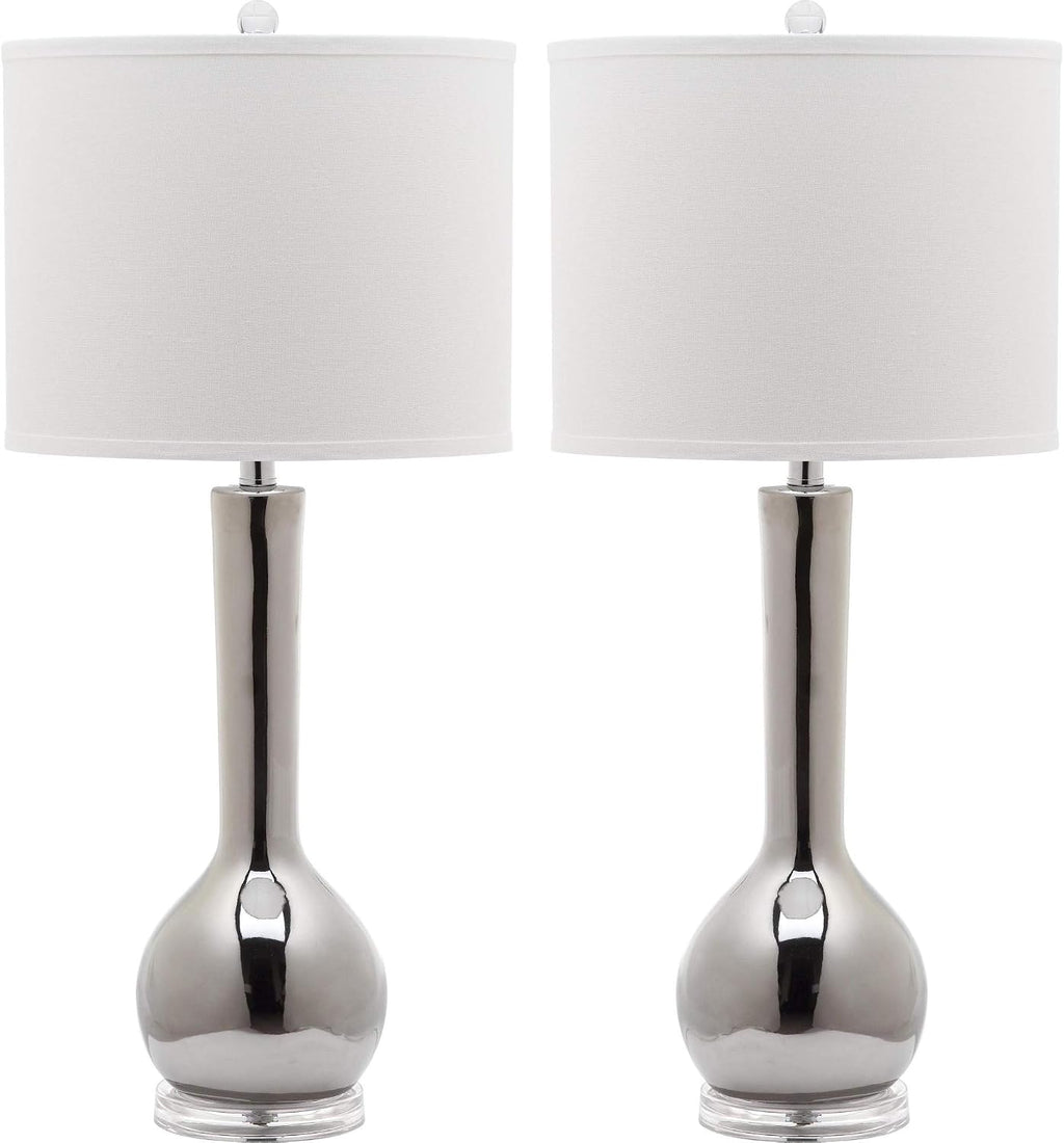 SAFAVIEH Lighting Collection Mae Long Neck Modern Contemporary Silver Ceramic 31-inch Bedroom Living Room Home Office Desk Nightstand Table Lamp Set of 2 (LED Bulbs Included)