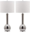 SAFAVIEH Lighting Collection Mae Long Neck Modern Contemporary Silver Ceramic 31-inch Bedroom Living Room Home Office Desk Nightstand Table Lamp Set of 2 (LED Bulbs Included)