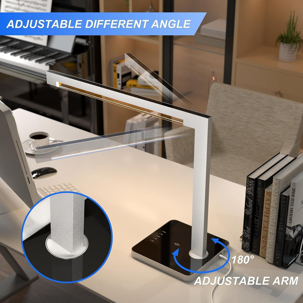 Aluminum LED Desk Lamp with Charging Station, 15W Table Lamp with Type-C Ports & 4 Color Temperature Modes(3000K-6000K), Dimmable Reading Light for Home Office,Bedroom (Includes Adapter)