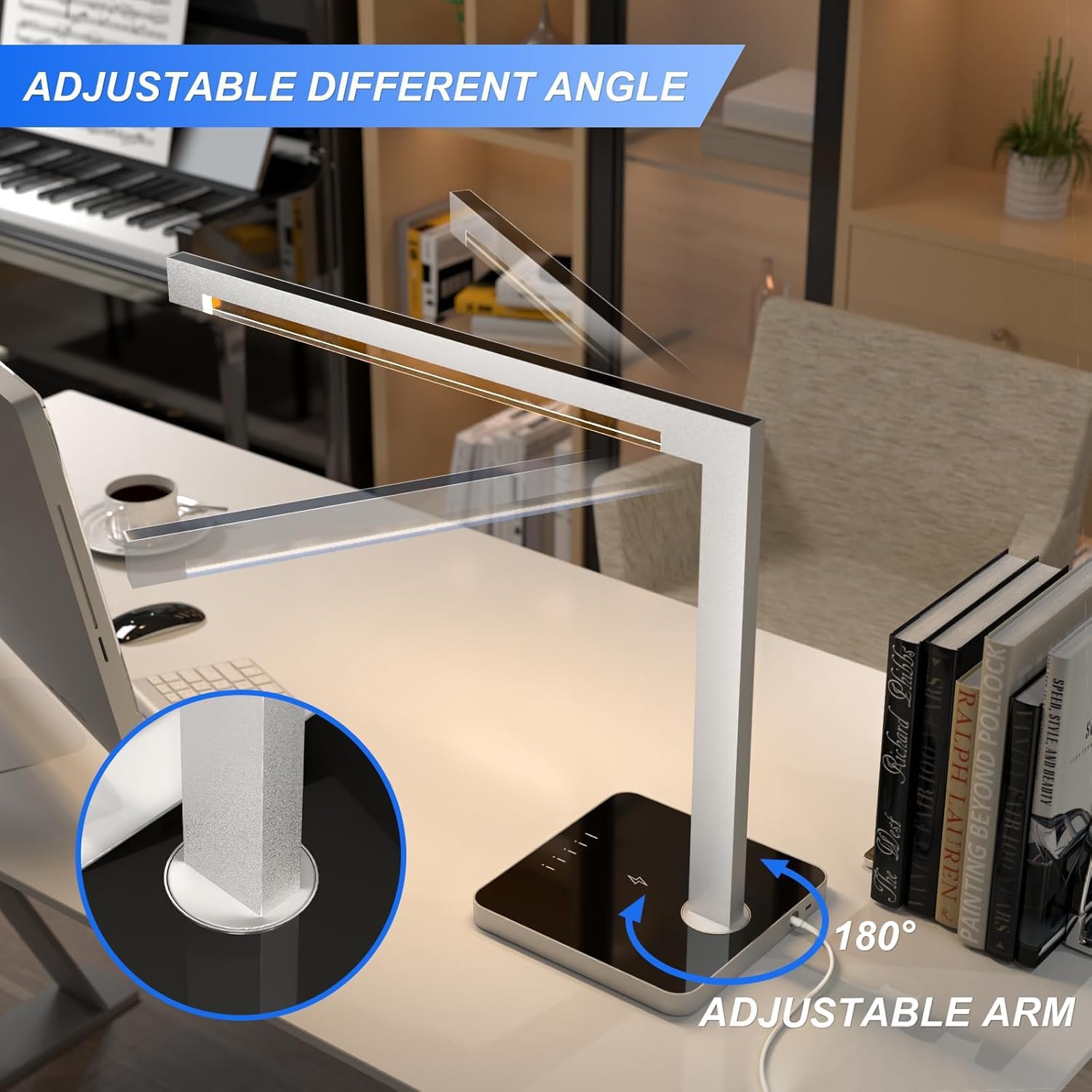 Aluminum LED Desk Lamp with Charging Station, 15W Table Lamp with Type-C Ports & 4 Color Temperature Modes(3000K-6000K), Dimmable Reading Light for Home Office,Bedroom (Includes Adapter)