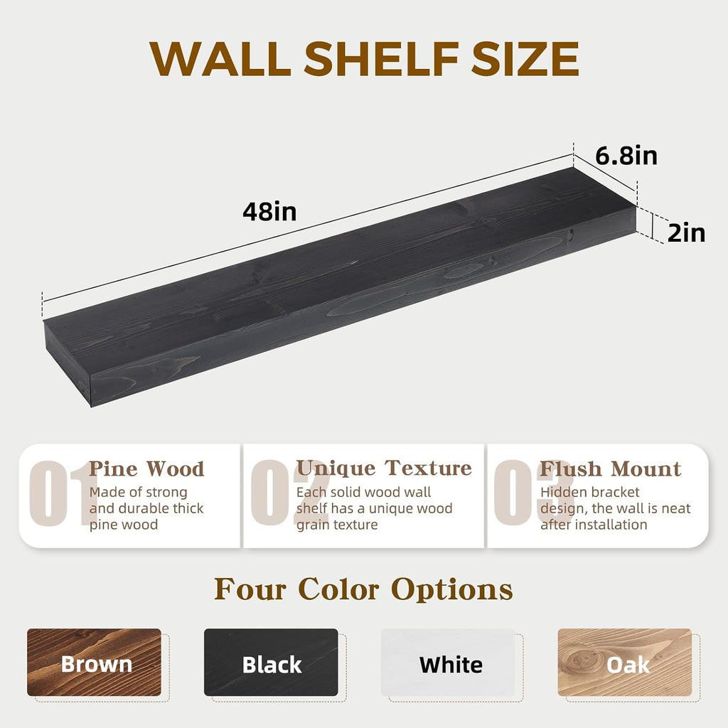 48x6.8x2in Floating Shelf – Natural Black Solid Wood Rustic Mounted Shelf – Heavy Duty Decorative Storage for Living Room, Kitchen, Bathroom, Bedroom