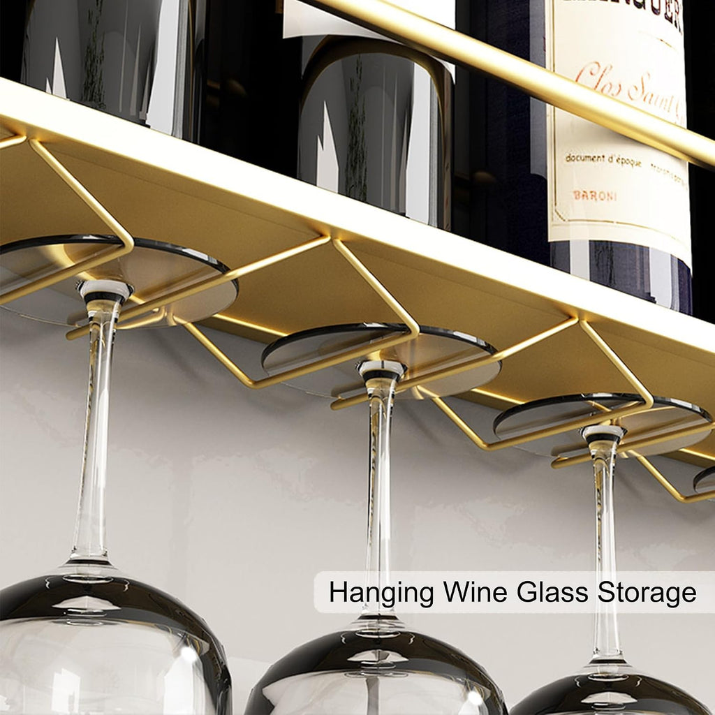 Round Wine Rack Wall Mounted Floating Bar Shelves Liquor Bottle Display Shelf Wall Mounted for Liquor Bottles Holder with Hanging Wine Glass Rack Bar Stand for Home Bar Dining Room Kitchen(Copper,100*