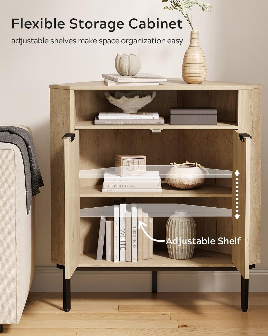 EYYTHUNG Fluted Corner Cabinet, Modern Small Corner Floor Cabinet with 2 Doors & Adjustable Shelf, Wooden Freestanding Narrow Storage Organizer for Small Space,Living Room, Dining Room, Light Oak