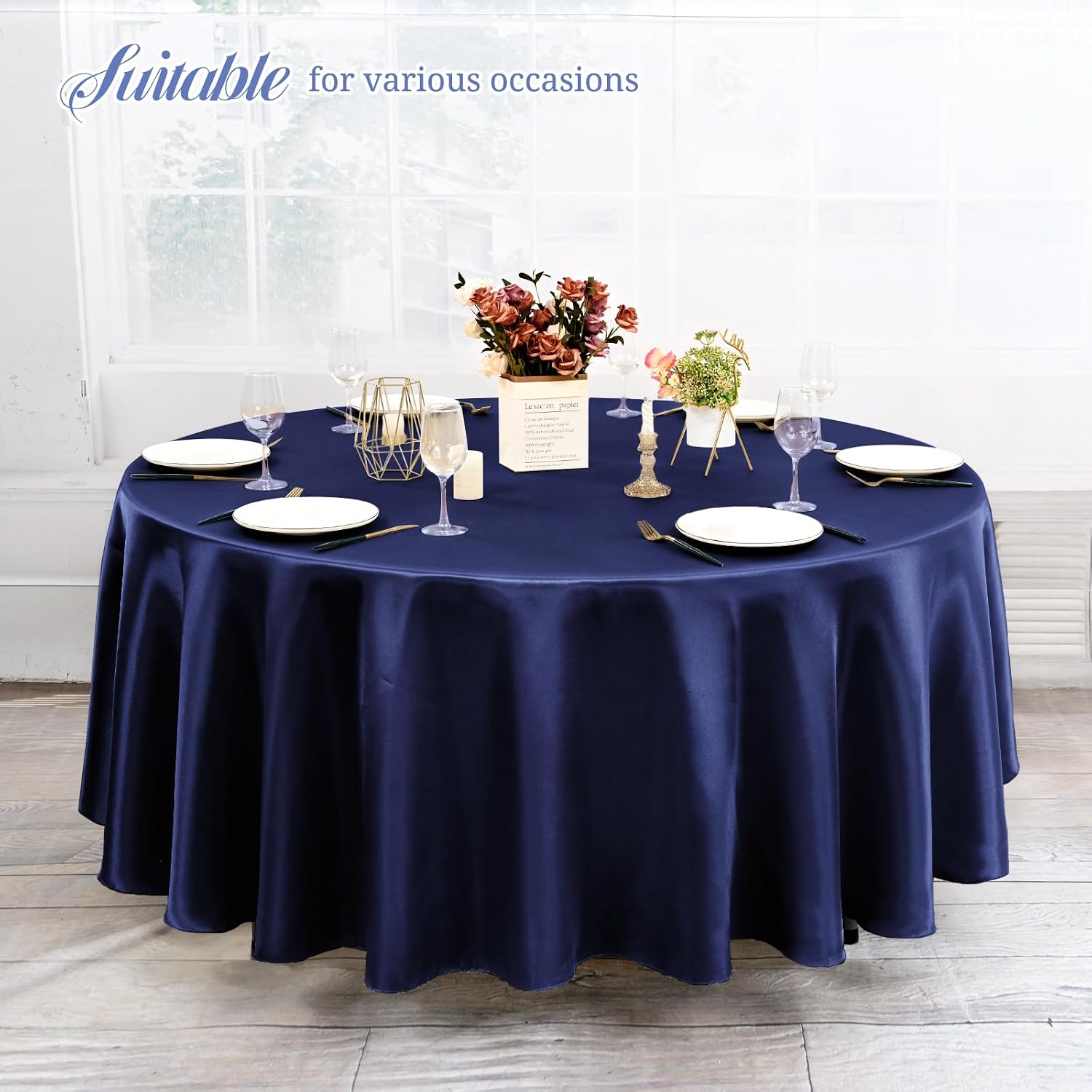 12 Pack 120 Inch Round Tablecloth, Navy Blue Satin Fabric Table Cloth for Round Tables, Wrinkle Resistant Washable TableCover Bright Silk Table Clothes for Wedding Party Dining Tables Banquet