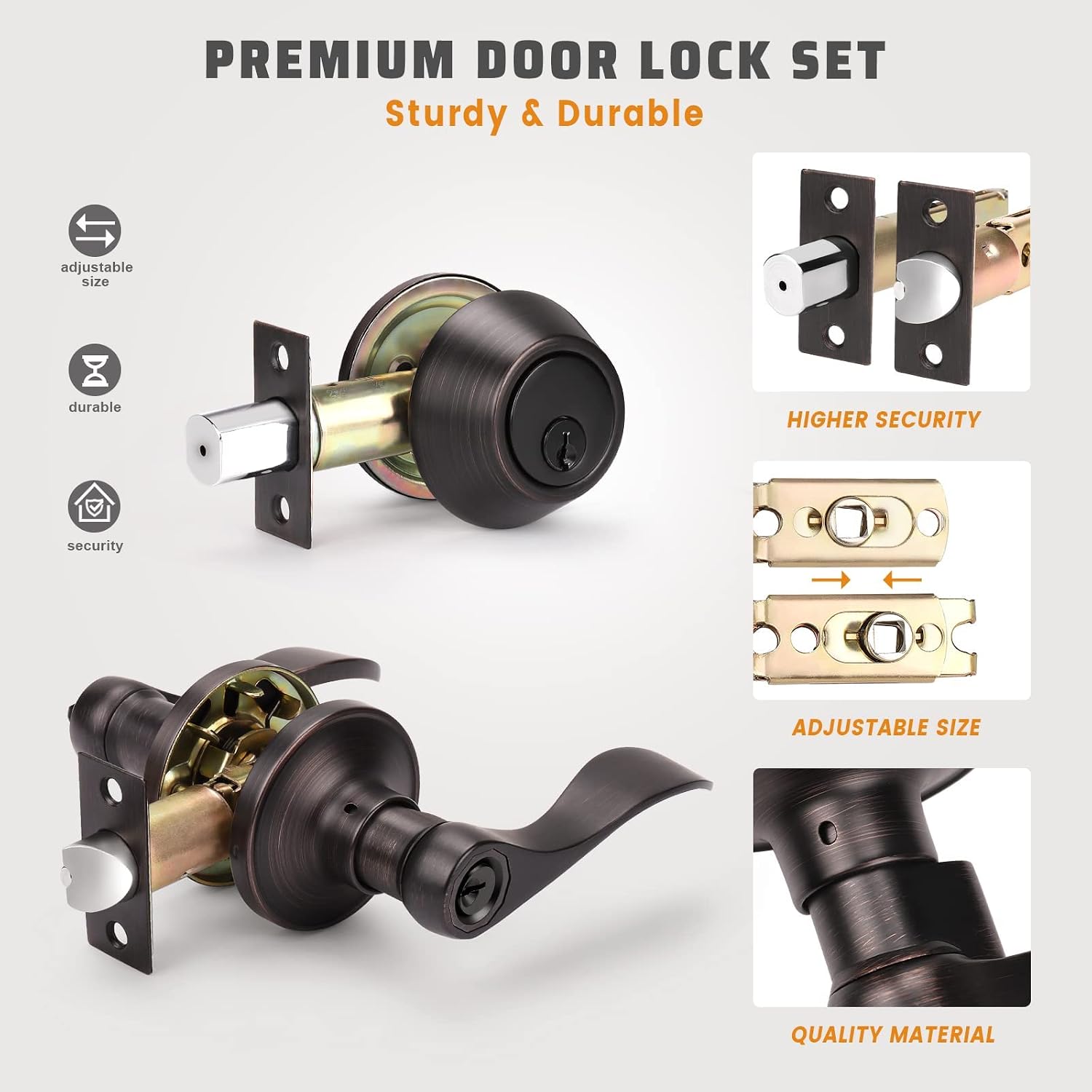 KNOBWELL 3 Pack Entrance Lever Door Handle Exterior Door Handle Single Cylinder deadbolt Set Keyed Alike Combo Locking Door Lever, Oil Rubbed Bronze